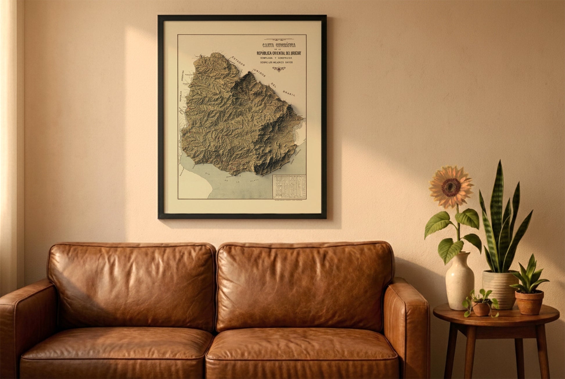 Uruguay vintage relief map in a black frame above a brown leather sofa. Boho living room with warm sunlight, sunflower, and indoor plants on a wooden side table