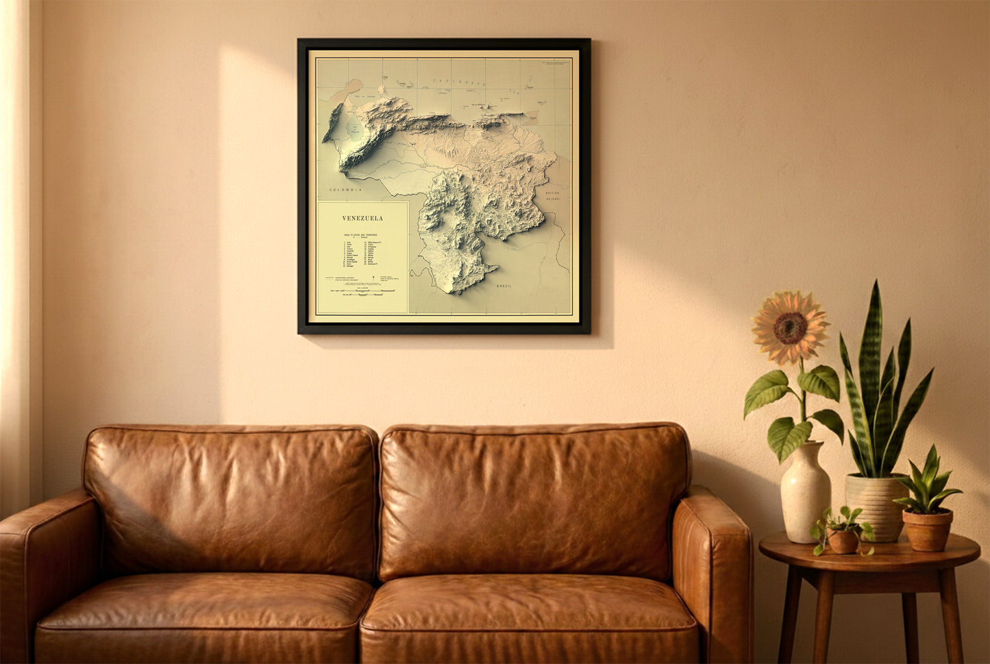 Venezuela vintage relief map in a black frame above a brown leather sofa. Boho living room with warm sunlight, sunflower, and indoor plants on a wooden side table