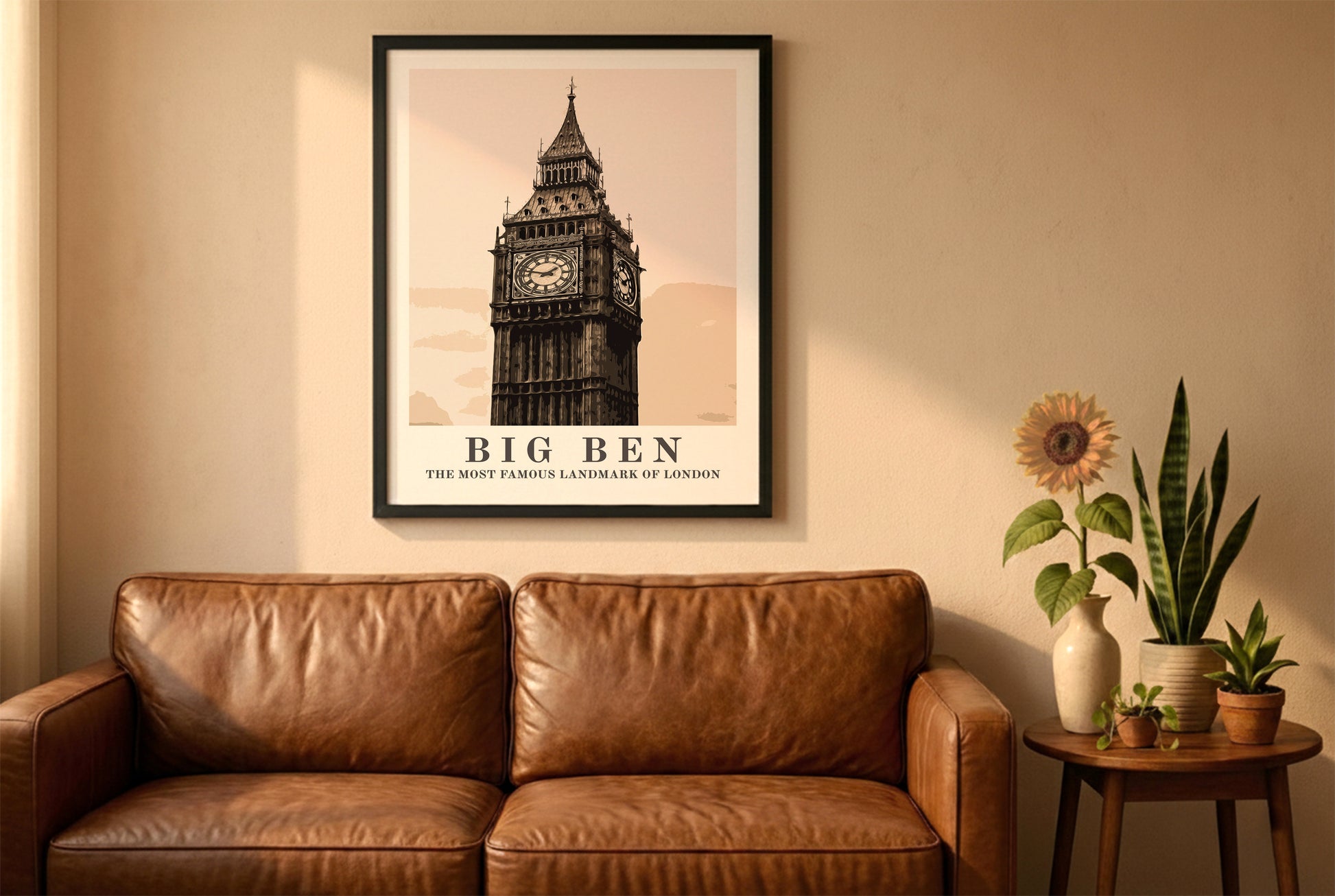 Big Ben poster in a black frame above a brown leather sofa. Boho living room with warm sunlight, sunflower, and indoor plants on a wooden side table