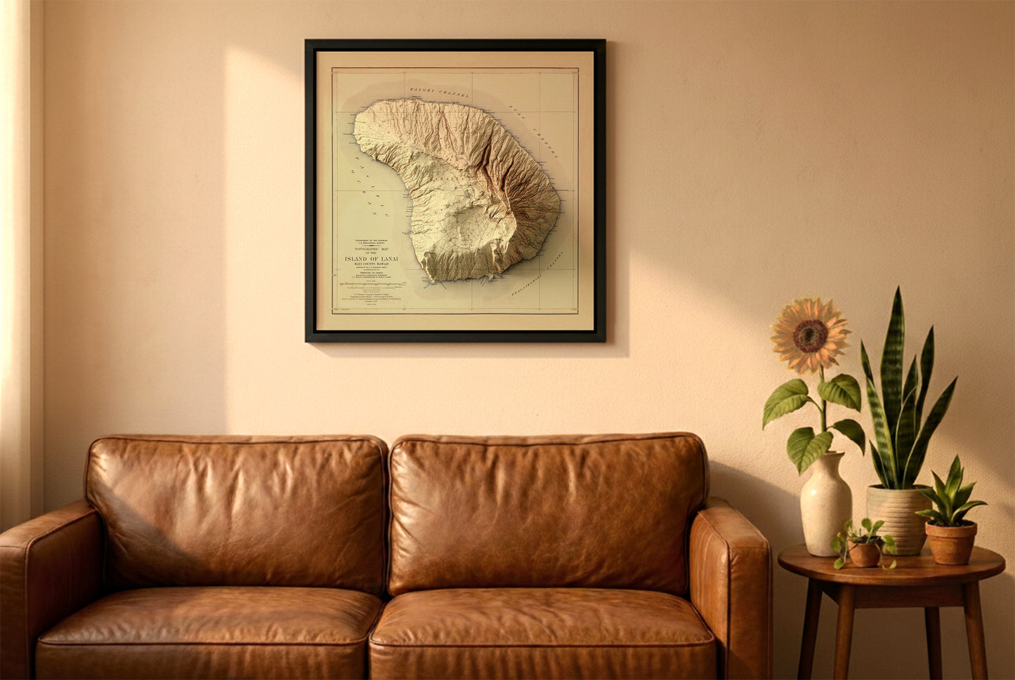 Lanai, Hawaii, vintage relief map in a black frame above a brown leather sofa. Boho living room with warm sunlight, sunflower, and indoor plants on a wooden side table