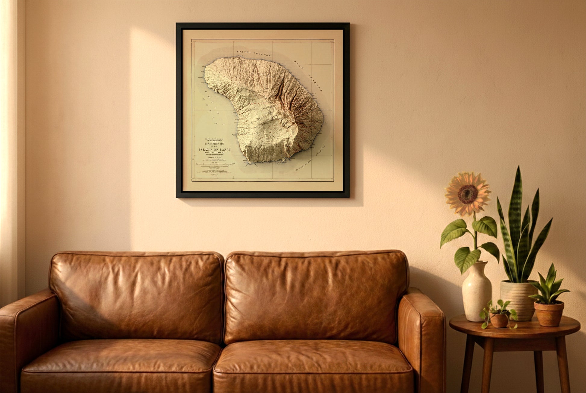 Lanai, Hawaii, vintage relief map in a black frame above a brown leather sofa. Boho living room with warm sunlight, sunflower, and indoor plants on a wooden side table