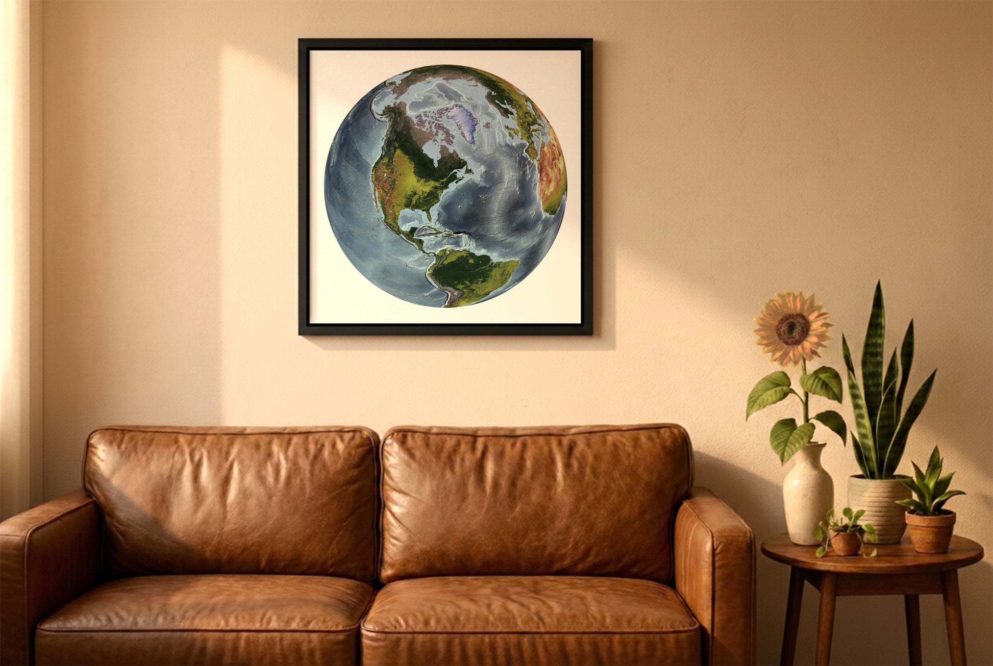 World relief map in the World From Space projection in a black frame above a brown leather sofa. Boho living room with warm sunlight, sunflower, and indoor plants on a wooden side table
