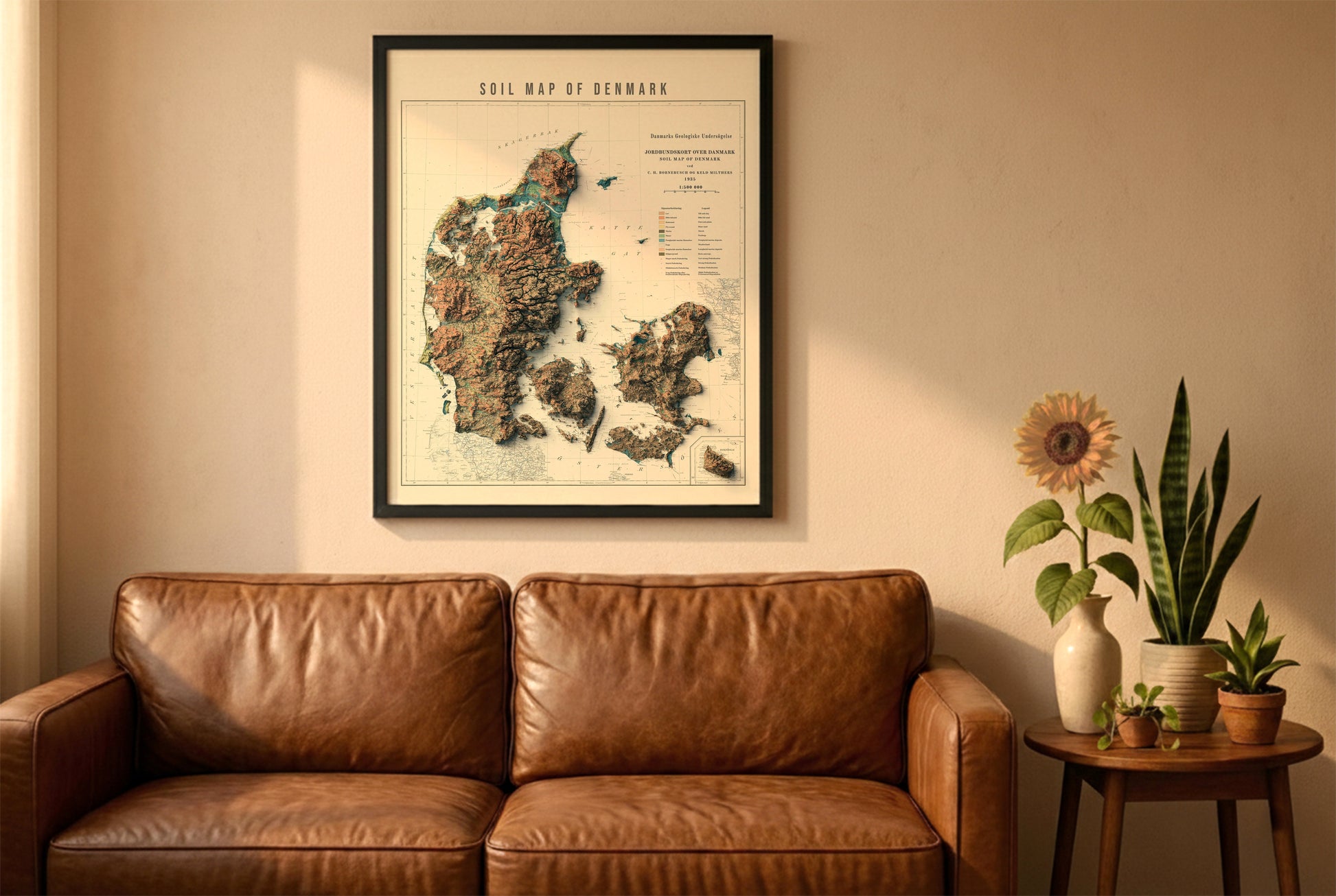Denmark vintage relief map in a black frame above a brown leather sofa. Boho living room with warm sunlight, sunflower, and indoor plants on a wooden side table