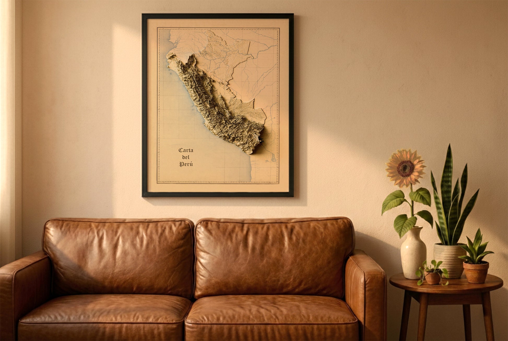 Peru vintage relief map in a black frame above a brown leather sofa. Boho living room with warm sunlight, sunflower, and indoor plants on a wooden side table