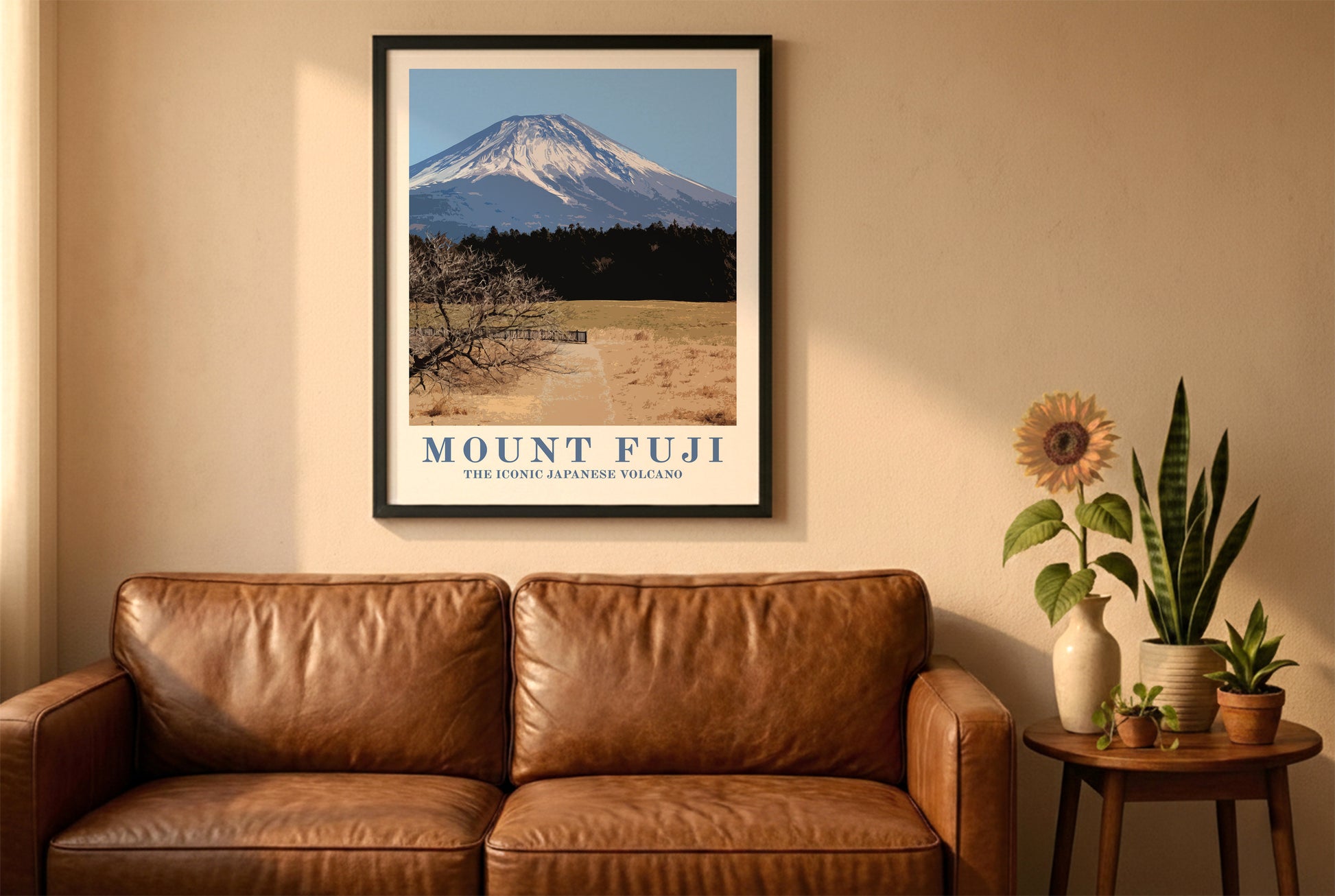 Mount Fuji, Japan, poster in a black frame above a brown leather sofa. Boho living room with warm sunlight, sunflower, and indoor plants on a wooden side table
