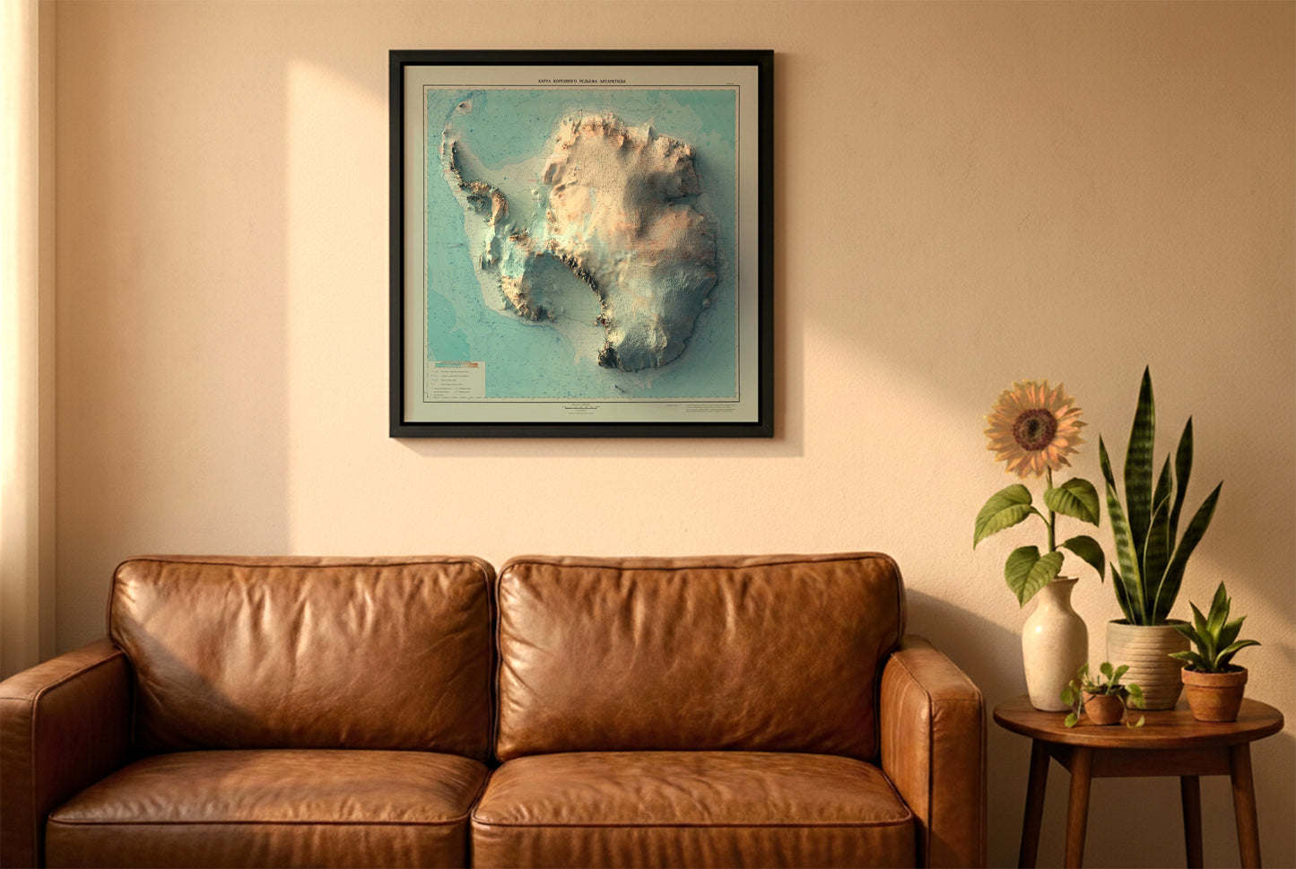 Antarctica vintage relief map in a black frame above a brown leather sofa. Boho living room with warm sunlight, sunflower, and indoor plants on a wooden side table