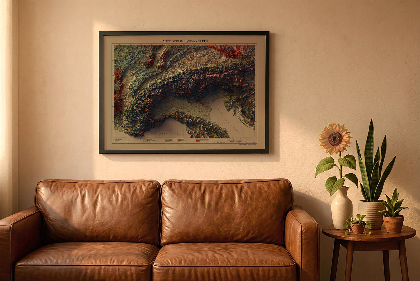 Alps vintage relief map in a black frame above a brown leather sofa. Boho living room with warm sunlight, sunflower, and indoor plants on a wooden side table