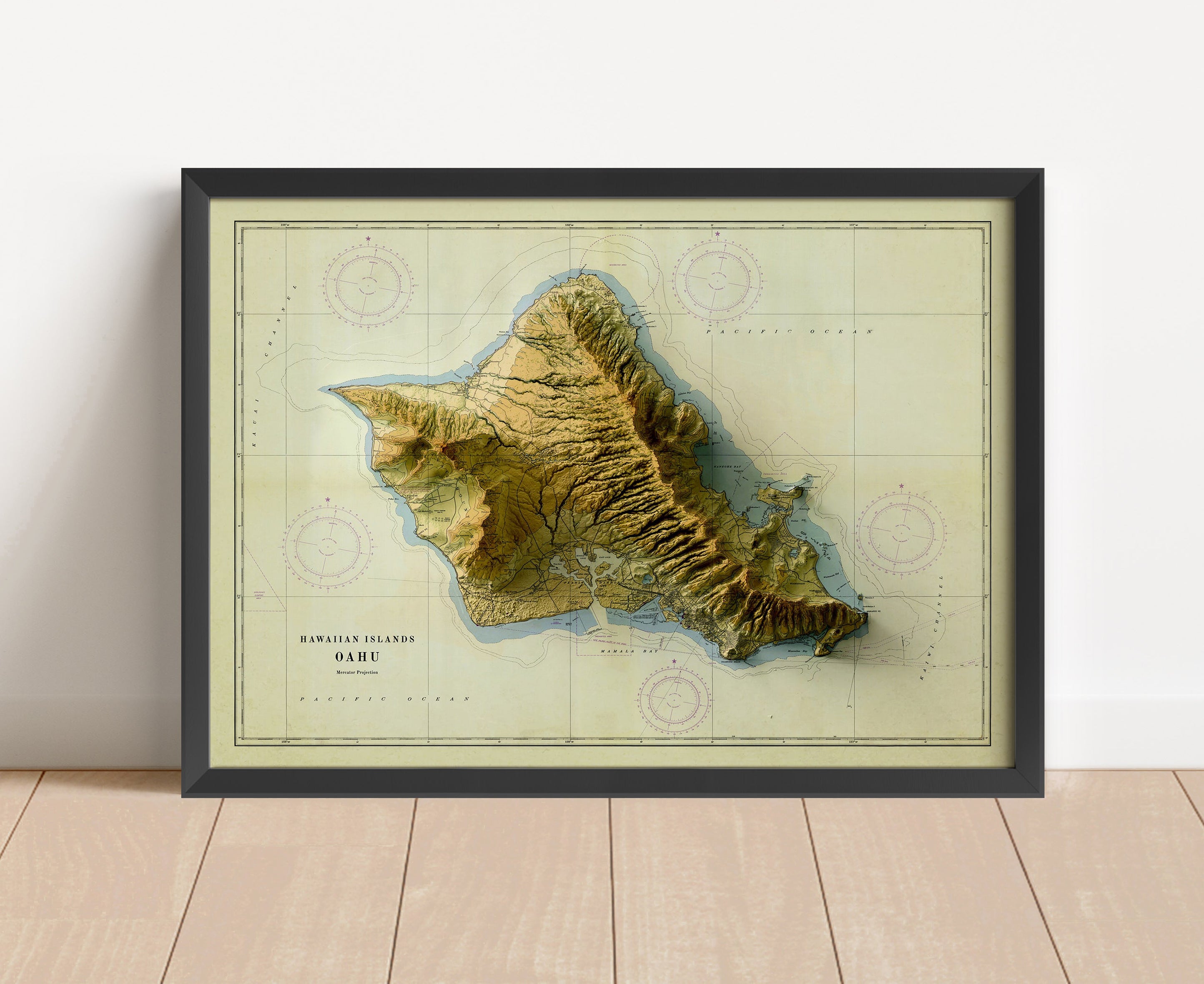 Oahu Island (Hawaii) Shaded Relief Map | Vintage Elevation Map