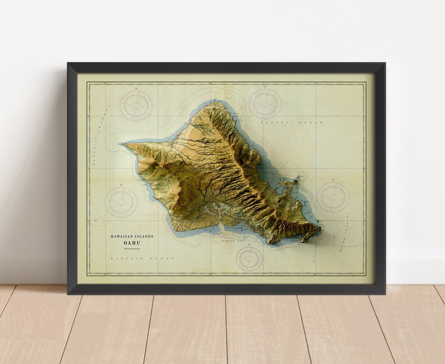 Vintage Oahu, Hawaii, shaded relief map in black frame. Artistic print with realistic terrain effect for wall decor