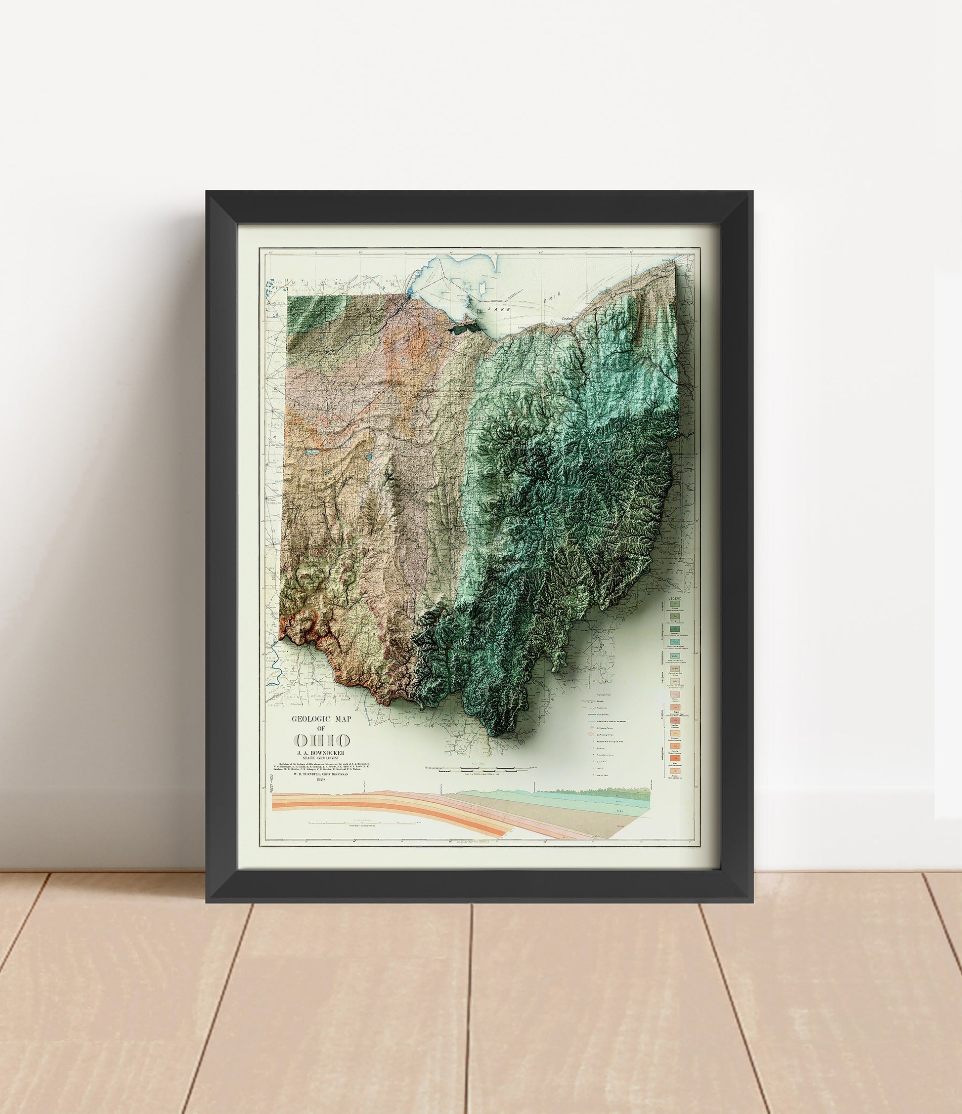 Vintage Ohio shaded relief map in black frame. Artistic print with realistic terrain effect for wall decor