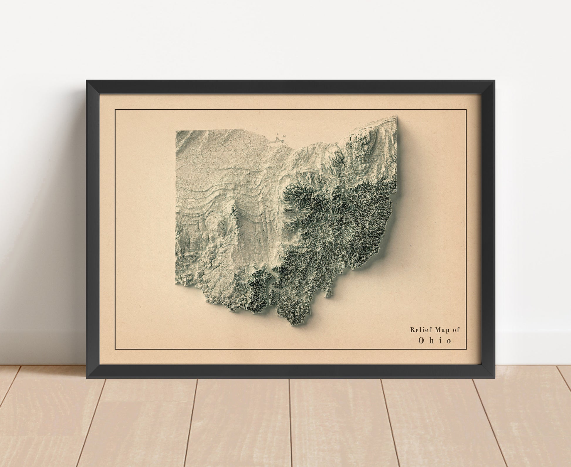 Vintage Ohio shaded relief map in black frame. Artistic print with realistic terrain effect for wall decor