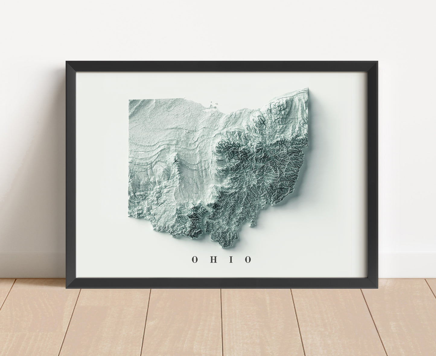 Ohio shaded relief map in black frame. Artistic print with realistic terrain effect for wall decor