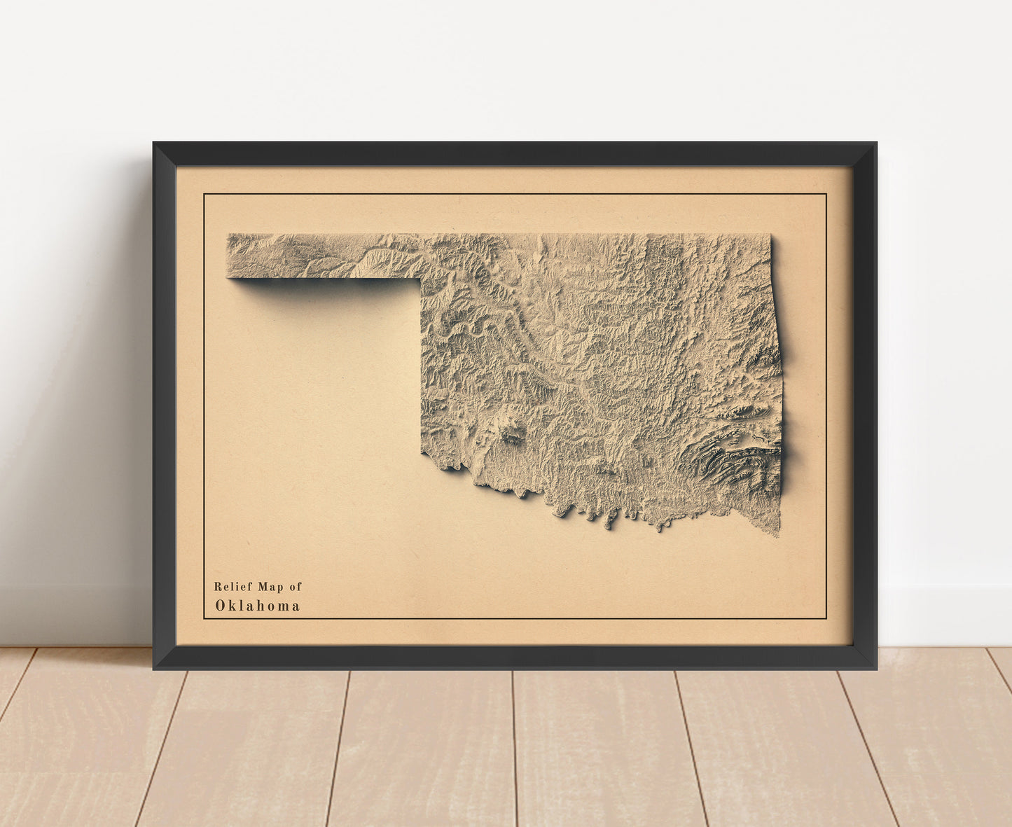 Vintage Oklahoma shaded relief map in black frame. Artistic print with realistic terrain effect for wall decor