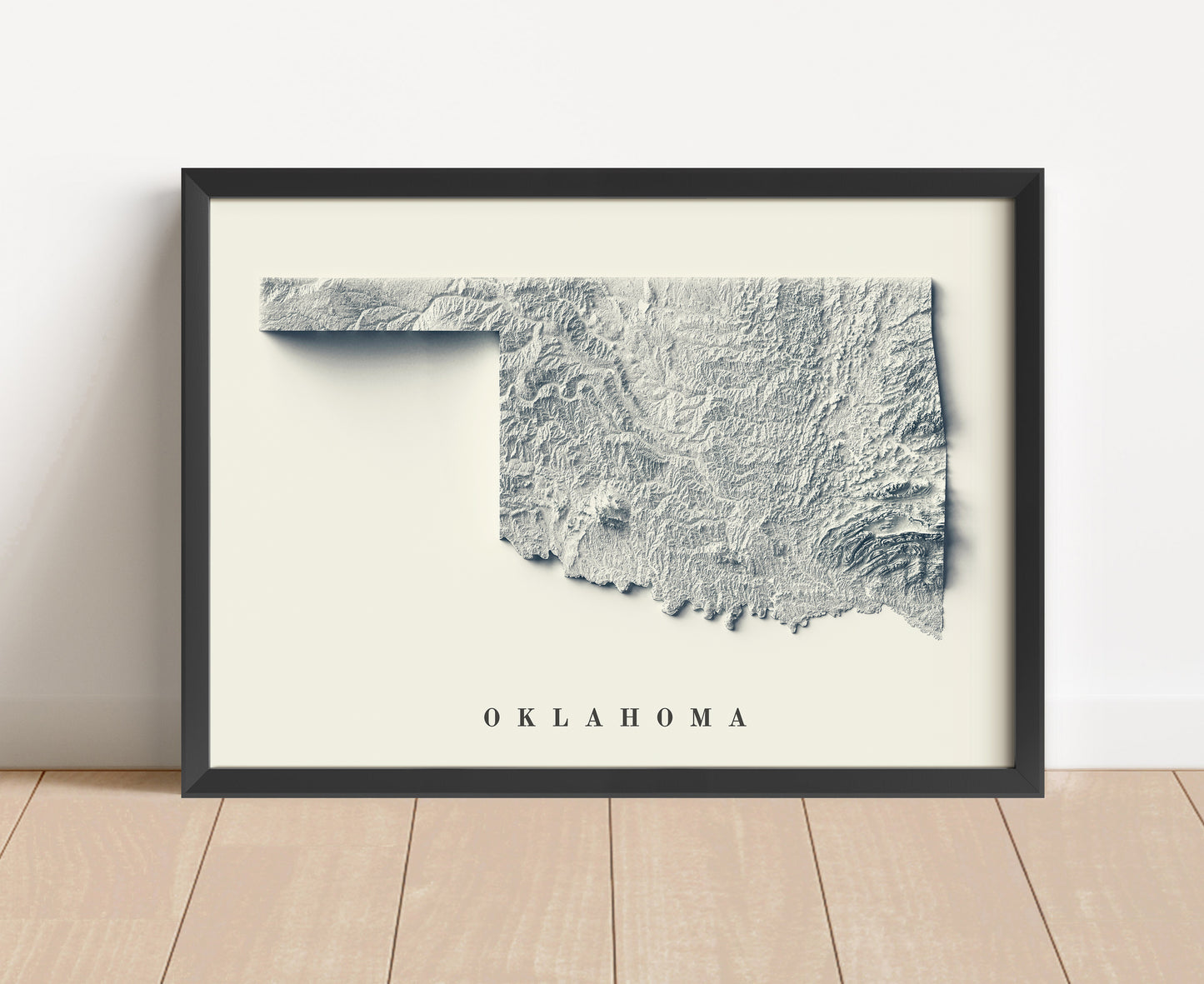 Oklahoma shaded relief map in black frame. Artistic print with realistic terrain effect for wall decor