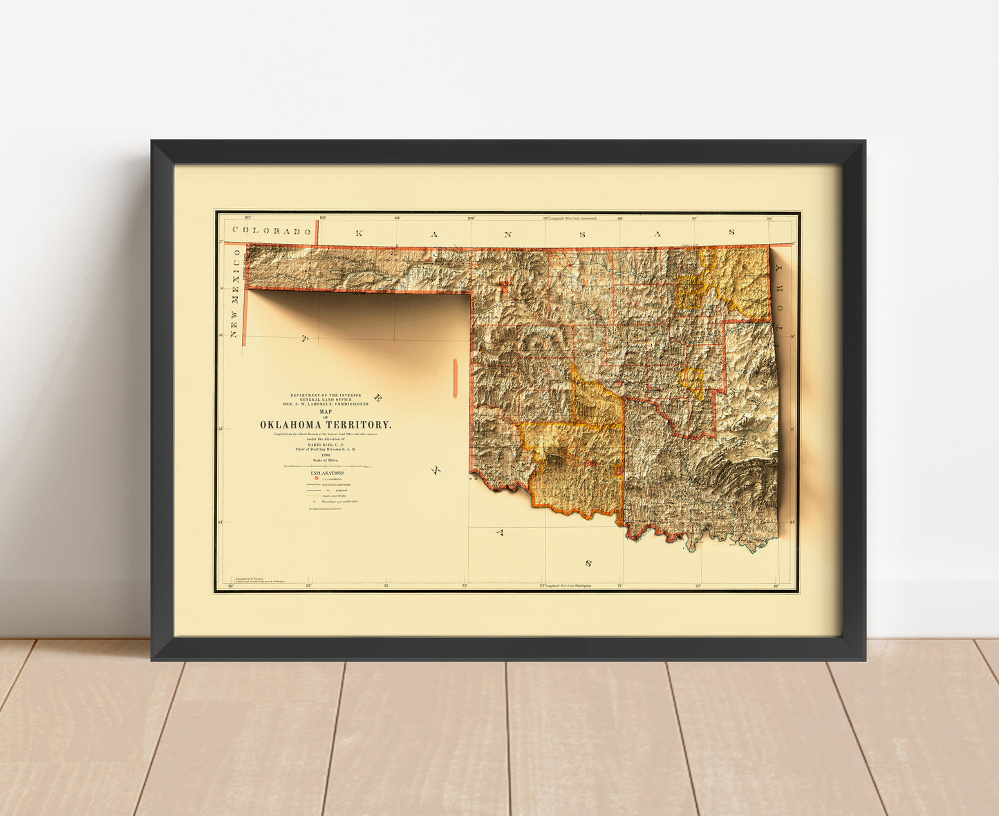 Vintage Oklahoma shaded relief map in black frame. Artistic print with realistic terrain effect for wall decor