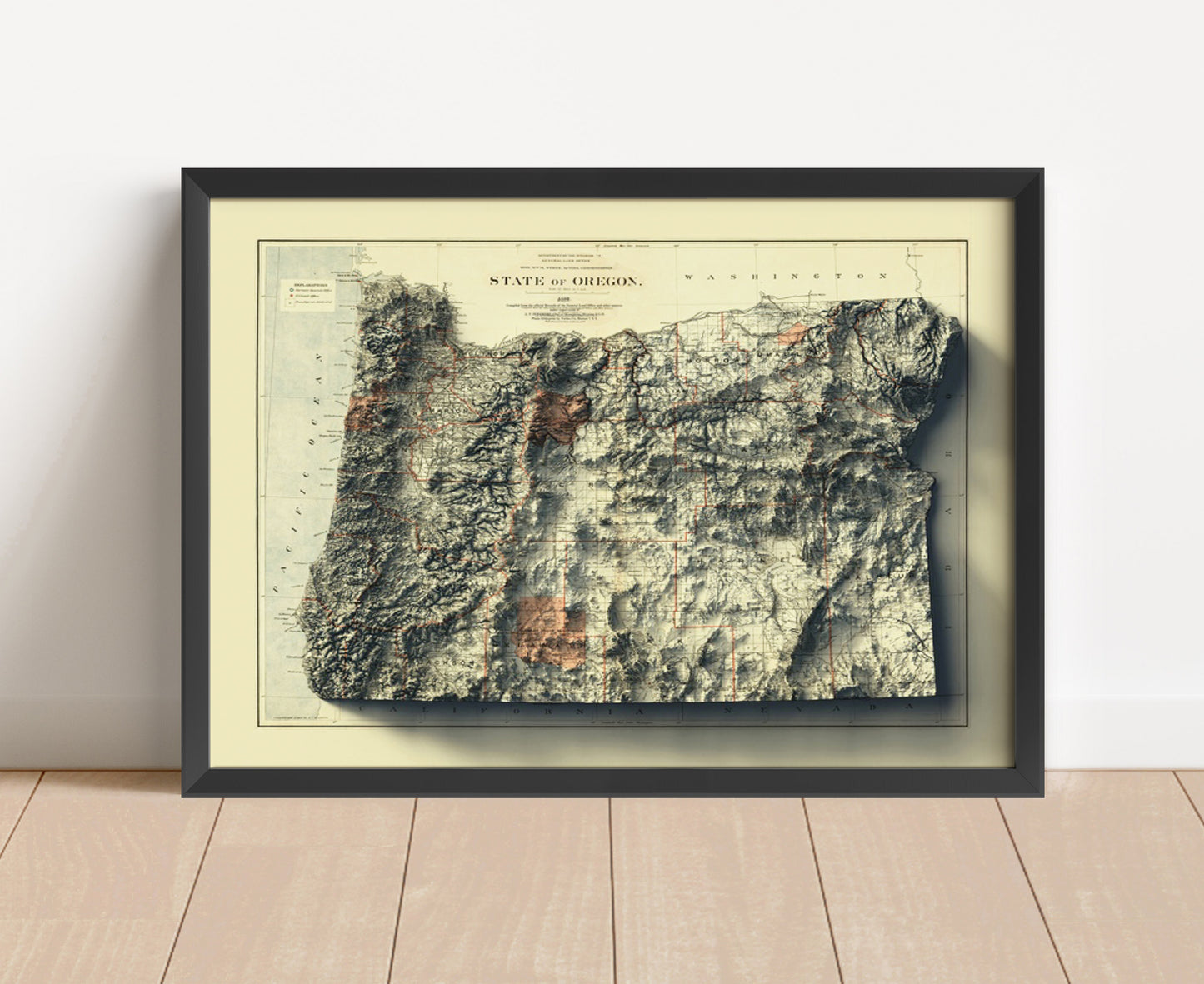 Vintage Oregon shaded relief map in black frame. Artistic print with realistic terrain effect for wall decor