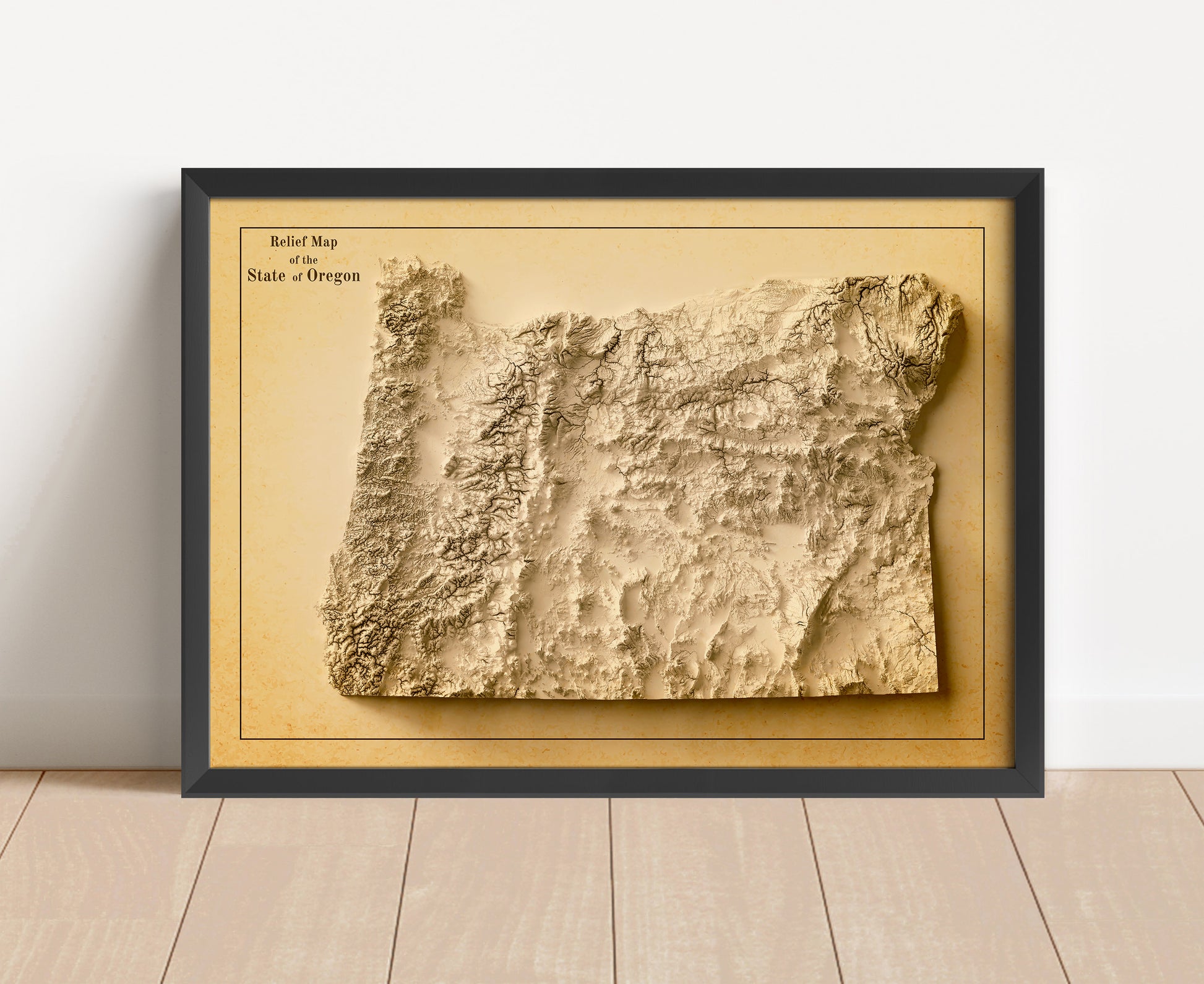 Vintage Oregon shaded relief map in black frame. Artistic print with realistic terrain effect for wall decor