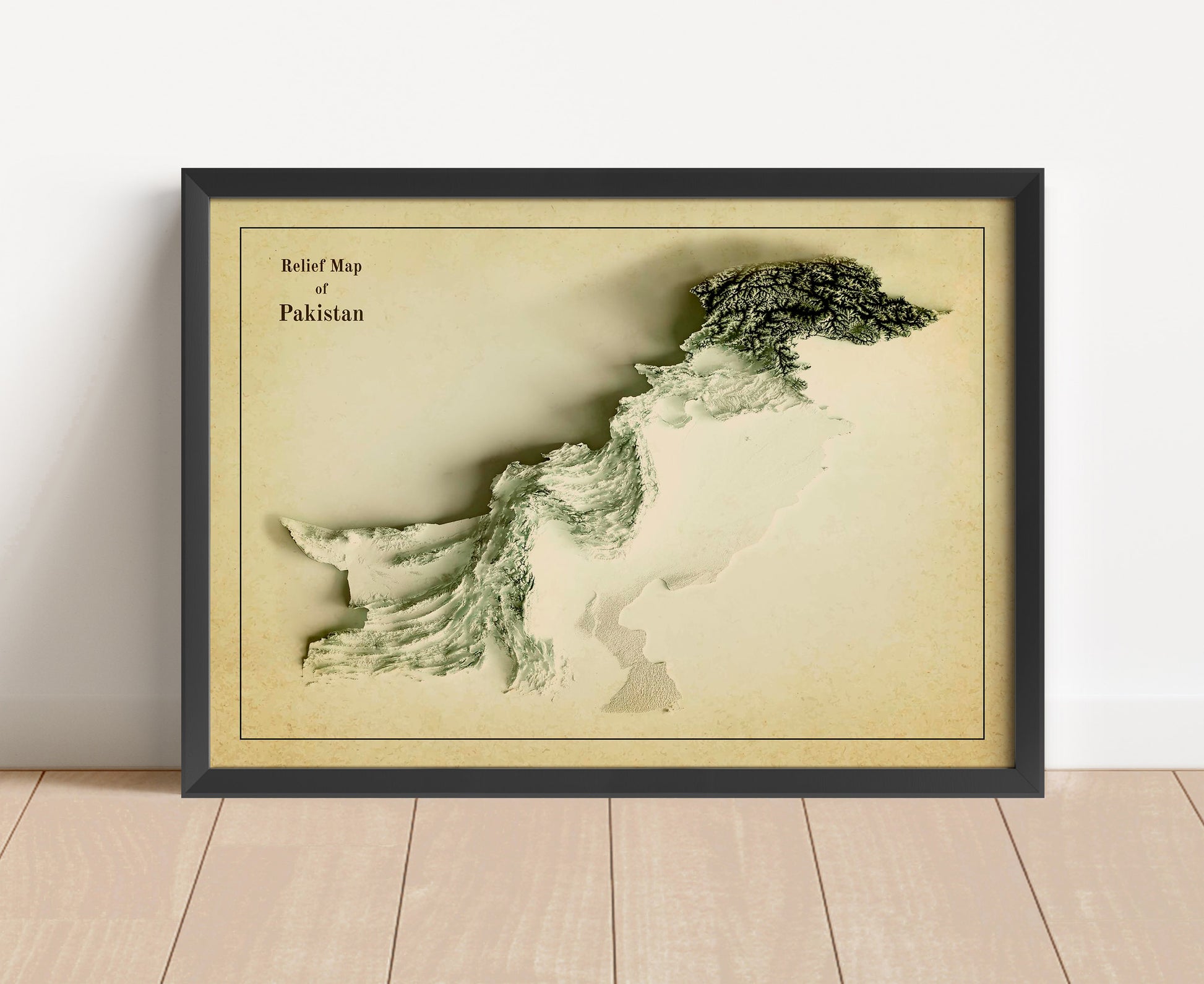 Vintage Pakistan shaded relief map in black frame. Artistic print with realistic terrain effect for wall decor