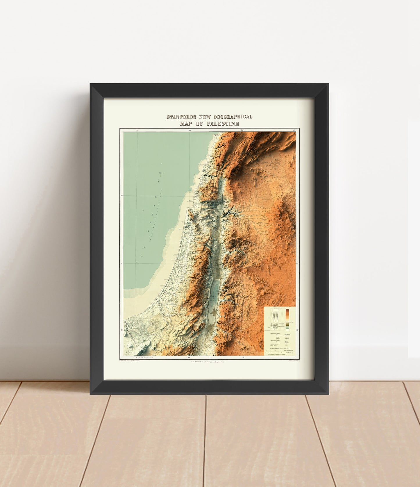 Vintage Palestine shaded relief map in black frame. Artistic print with realistic terrain effect for wall decor