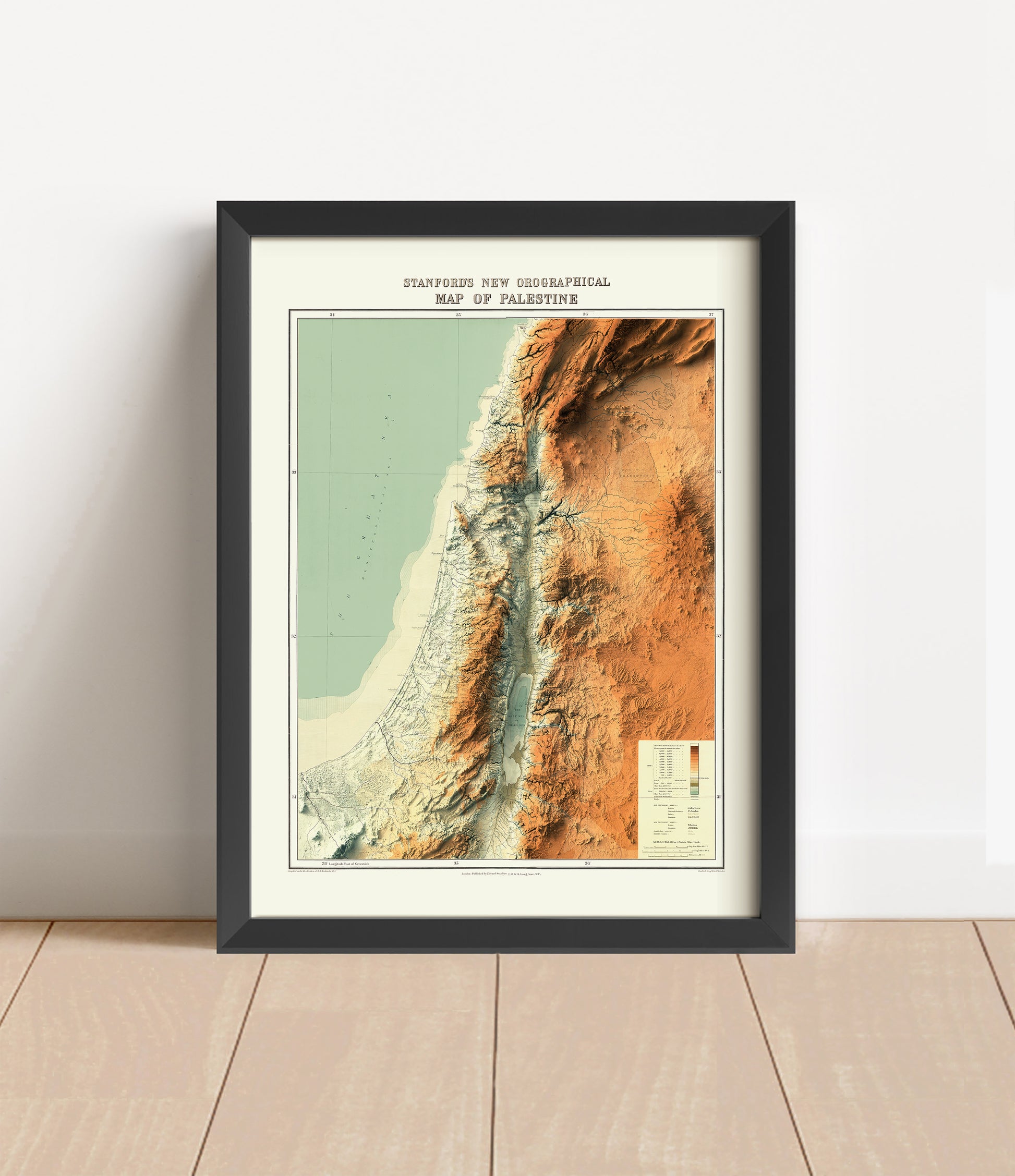 Vintage Palestine shaded relief map in black frame. Artistic print with realistic terrain effect for wall decor