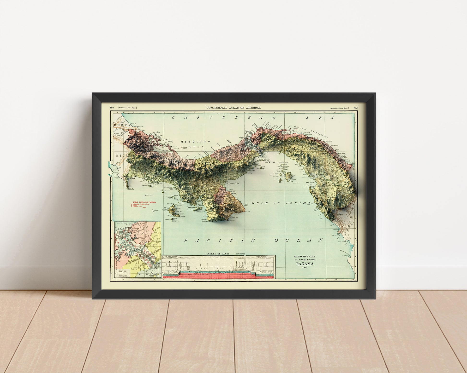 Vintage Panama shaded relief map in black frame. Artistic print with realistic terrain effect for wall decor