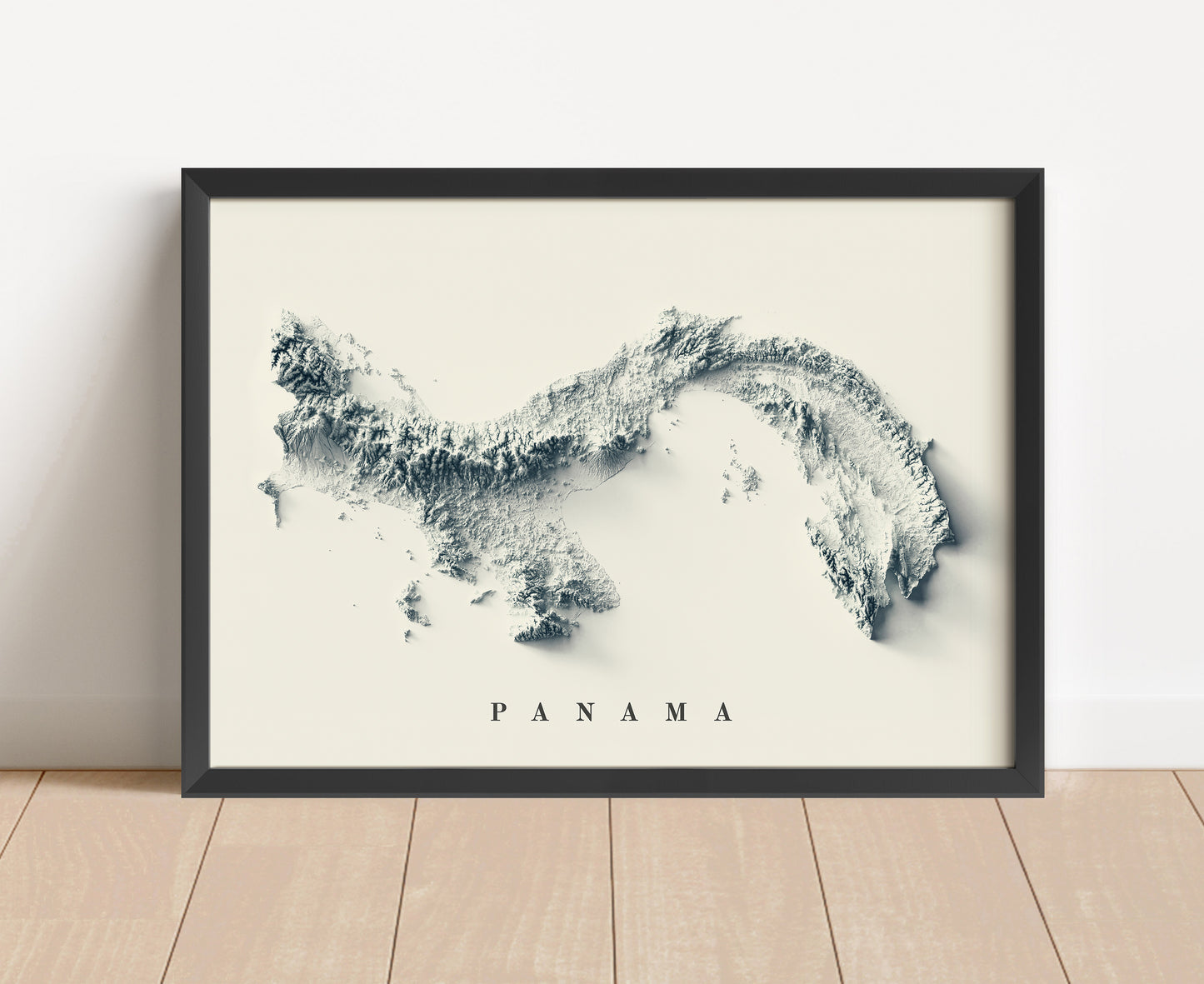 Panama shaded relief map in black frame. Artistic print with realistic terrain effect for wall decor