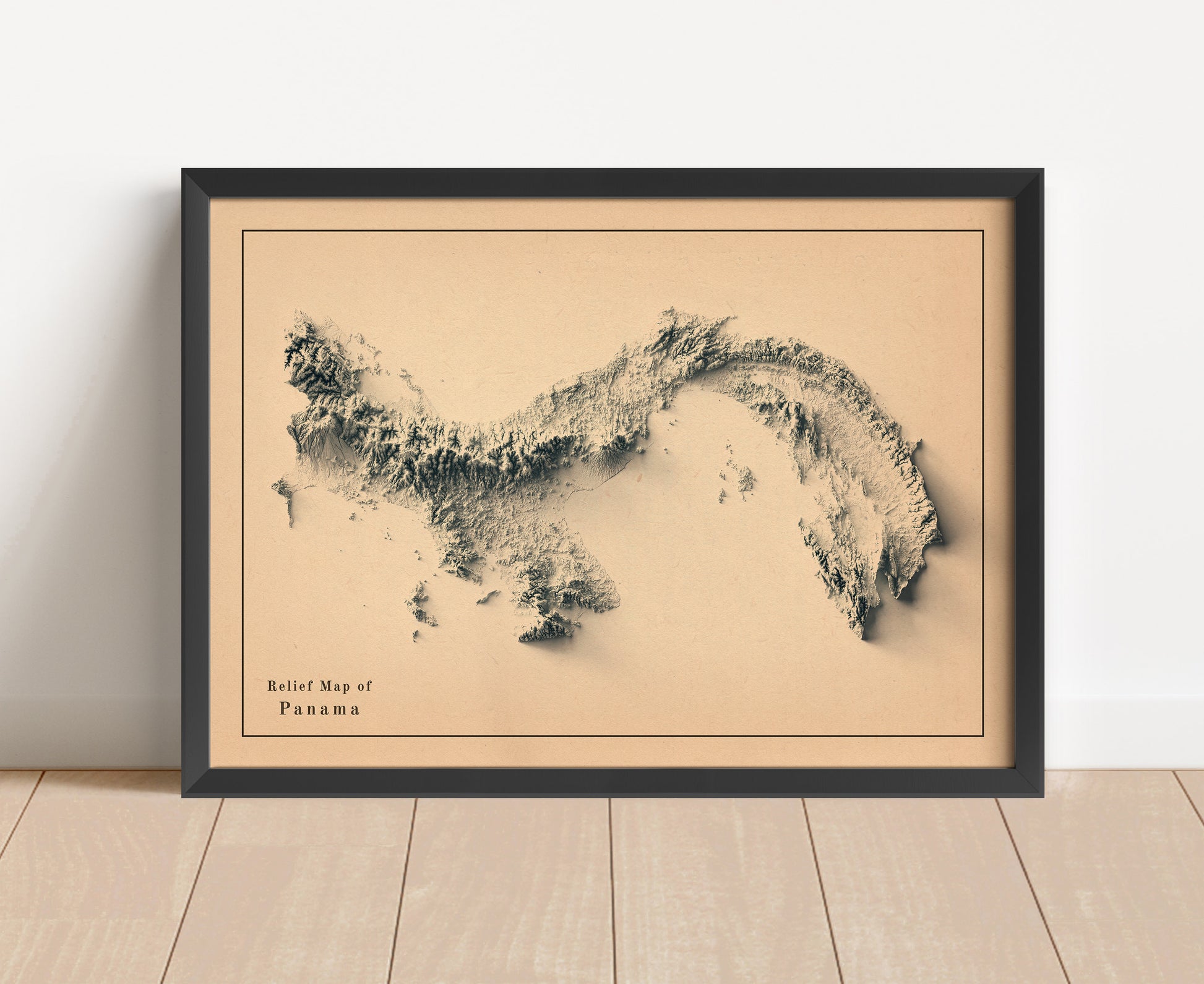 Vintage Panama shaded relief map in black frame. Artistic print with realistic terrain effect for wall decor
