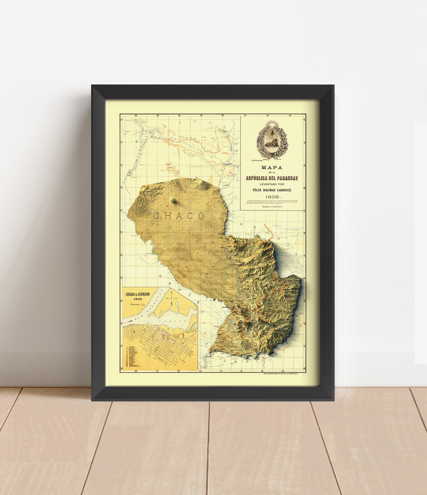 Vintage Paraguay shaded relief map in black frame. Artistic print with realistic terrain effect for wall decor
