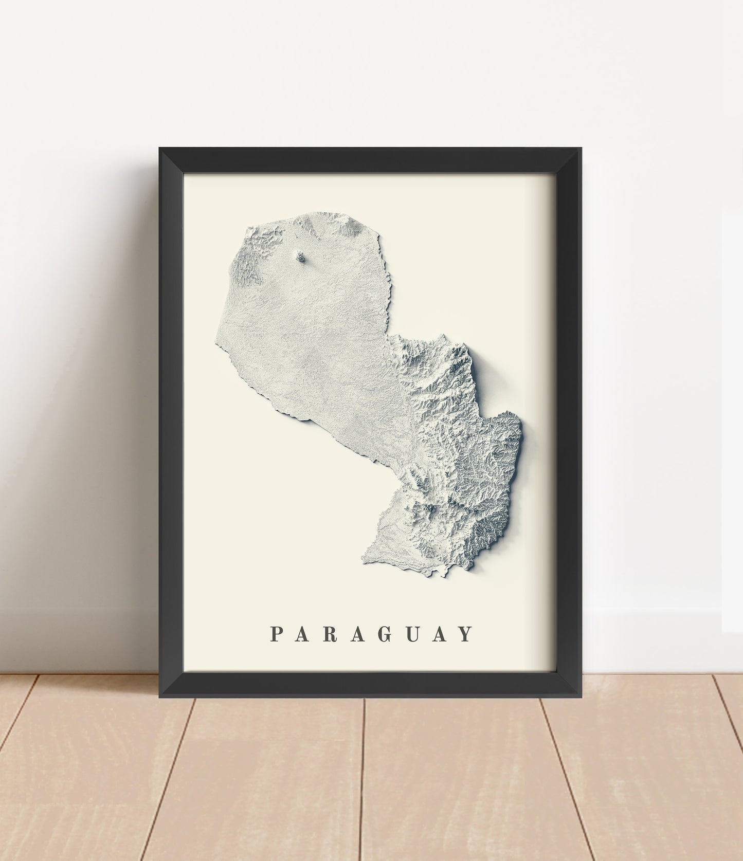 Paraguay shaded relief map in black frame. Artistic print with realistic terrain effect for wall decor