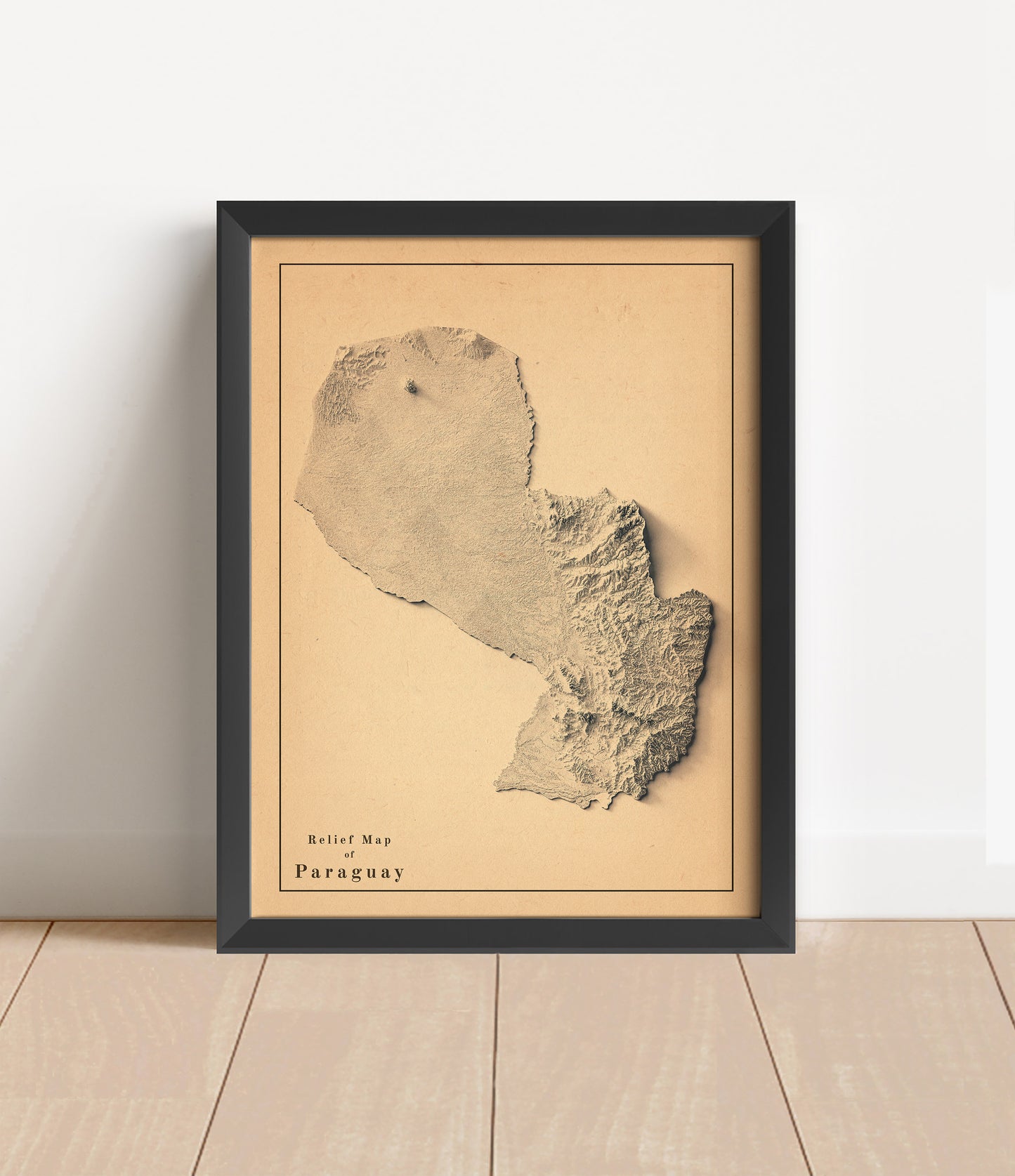 Vintage Paraguay shaded relief map in black frame. Artistic print with realistic terrain effect for wall decor