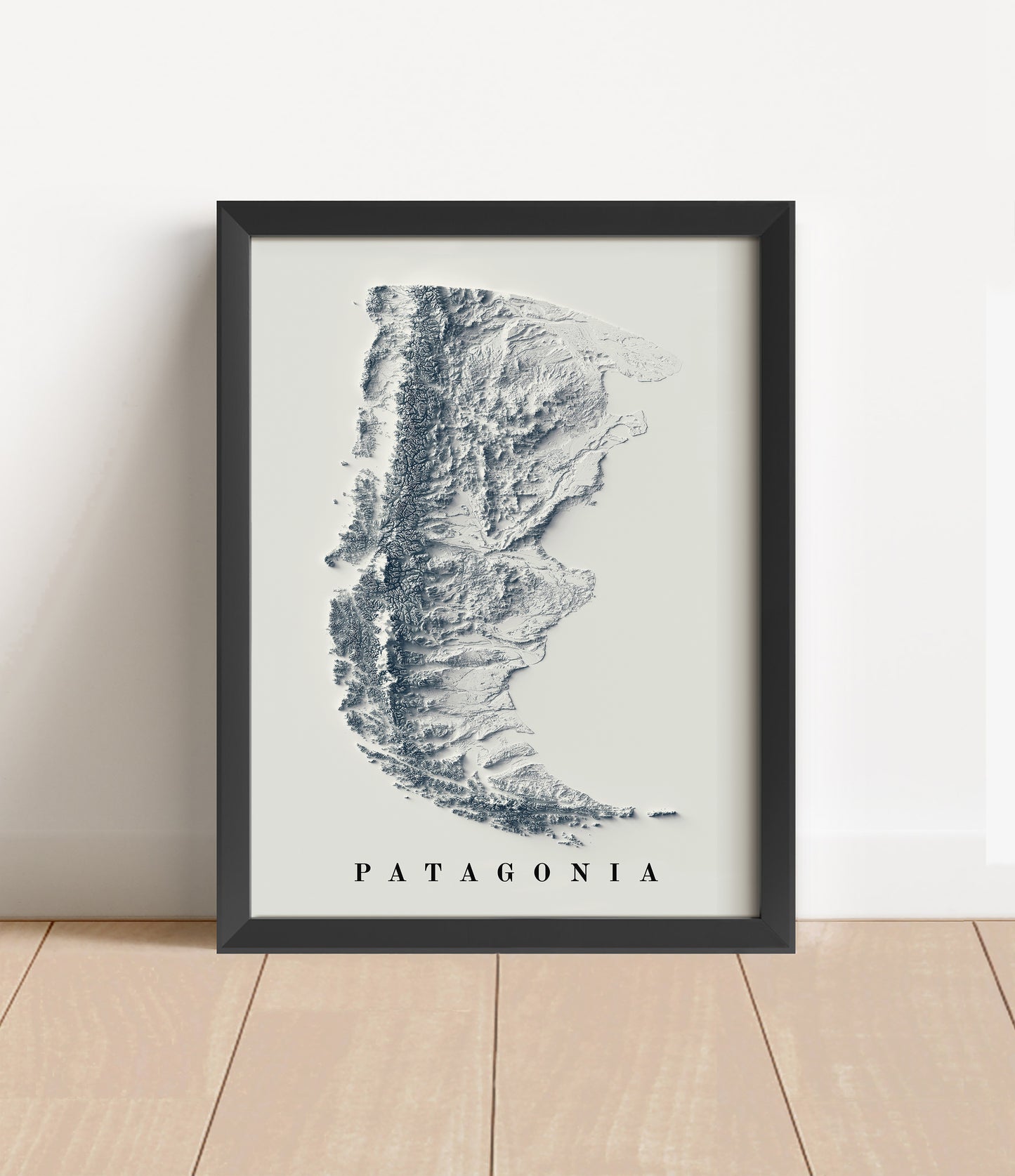 Patagonia shaded relief map in black frame. Artistic print with realistic terrain effect for wall decor