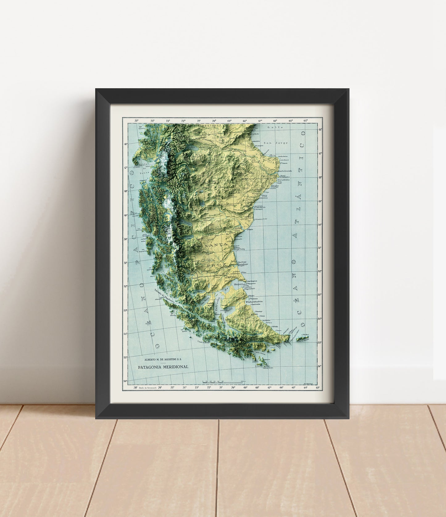 Vintage Patagonia shaded relief map in black frame. Artistic print with realistic terrain effect for wall decor