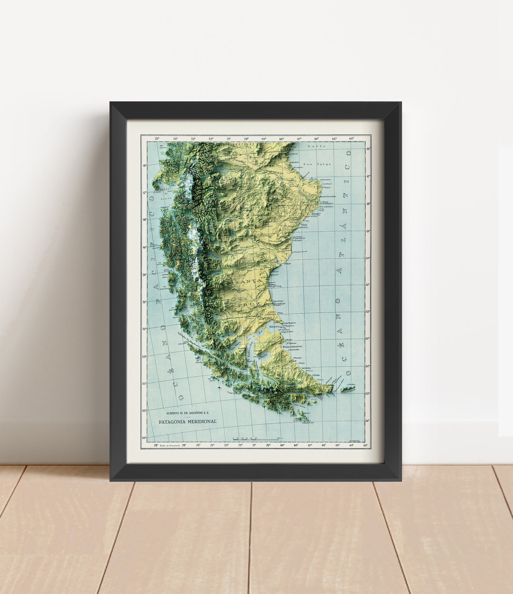 Vintage Patagonia shaded relief map in black frame. Artistic print with realistic terrain effect for wall decor