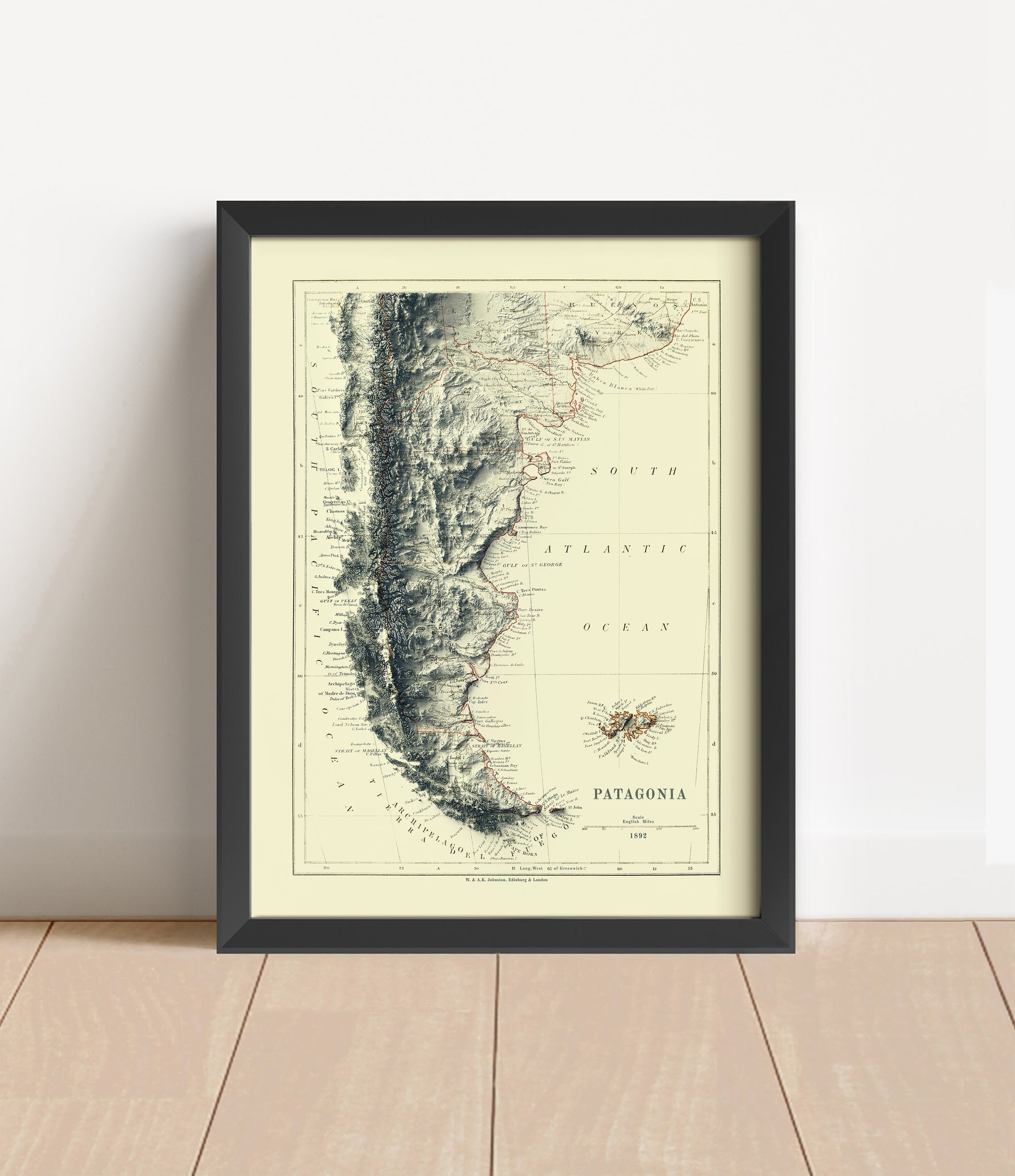 Vintage Patagonia shaded relief map in black frame. Artistic print with realistic terrain effect for wall decor