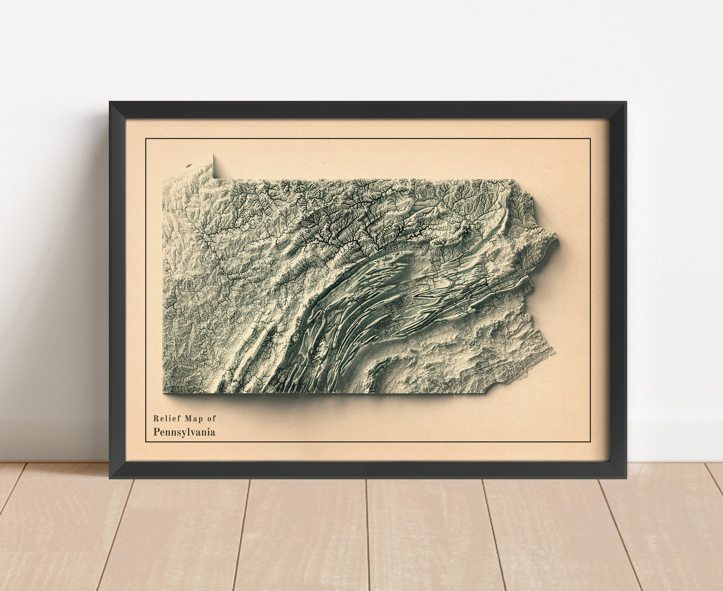 Vintage Pennsylvania shaded relief map in black frame. Artistic print with realistic terrain effect for wall decor