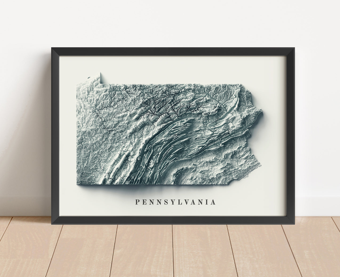 Pennsylvania shaded relief map in black frame. Artistic print with realistic terrain effect for wall decor