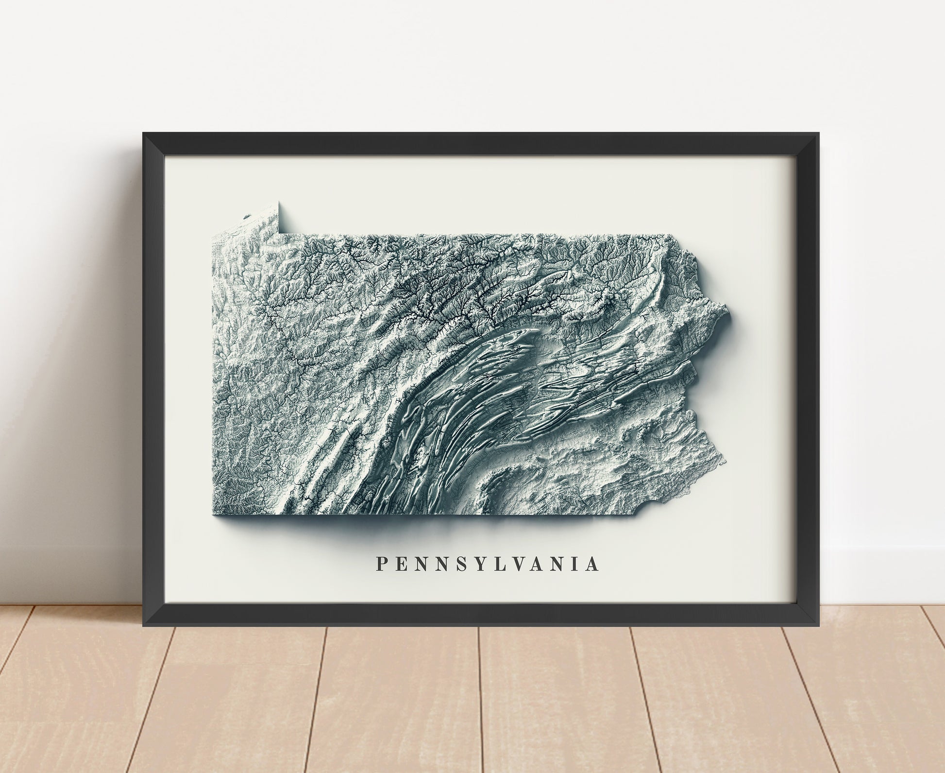 Pennsylvania shaded relief map in black frame. Artistic print with realistic terrain effect for wall decor