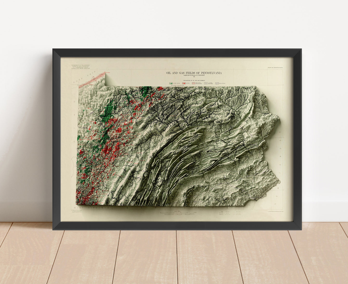 Vintage Pennsylvania shaded relief map in black frame. Artistic print with realistic terrain effect for wall decor