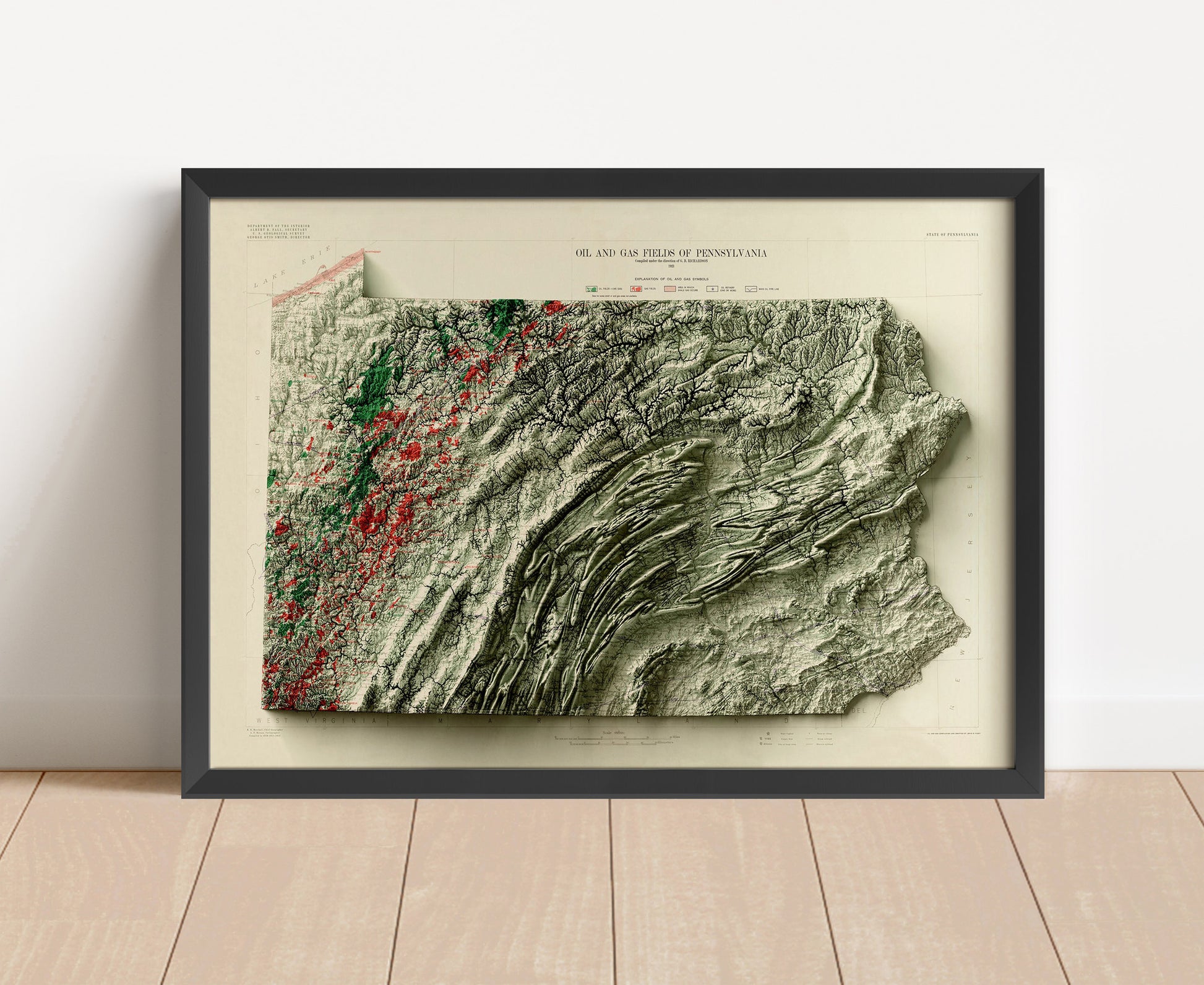 Vintage Pennsylvania shaded relief map in black frame. Artistic print with realistic terrain effect for wall decor