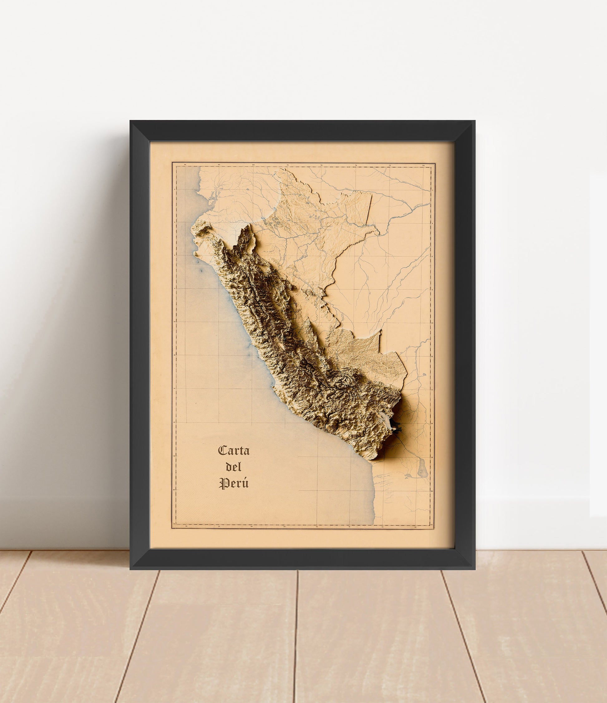 Vintage Peru shaded relief map in black frame. Artistic print with realistic terrain effect for wall decor
