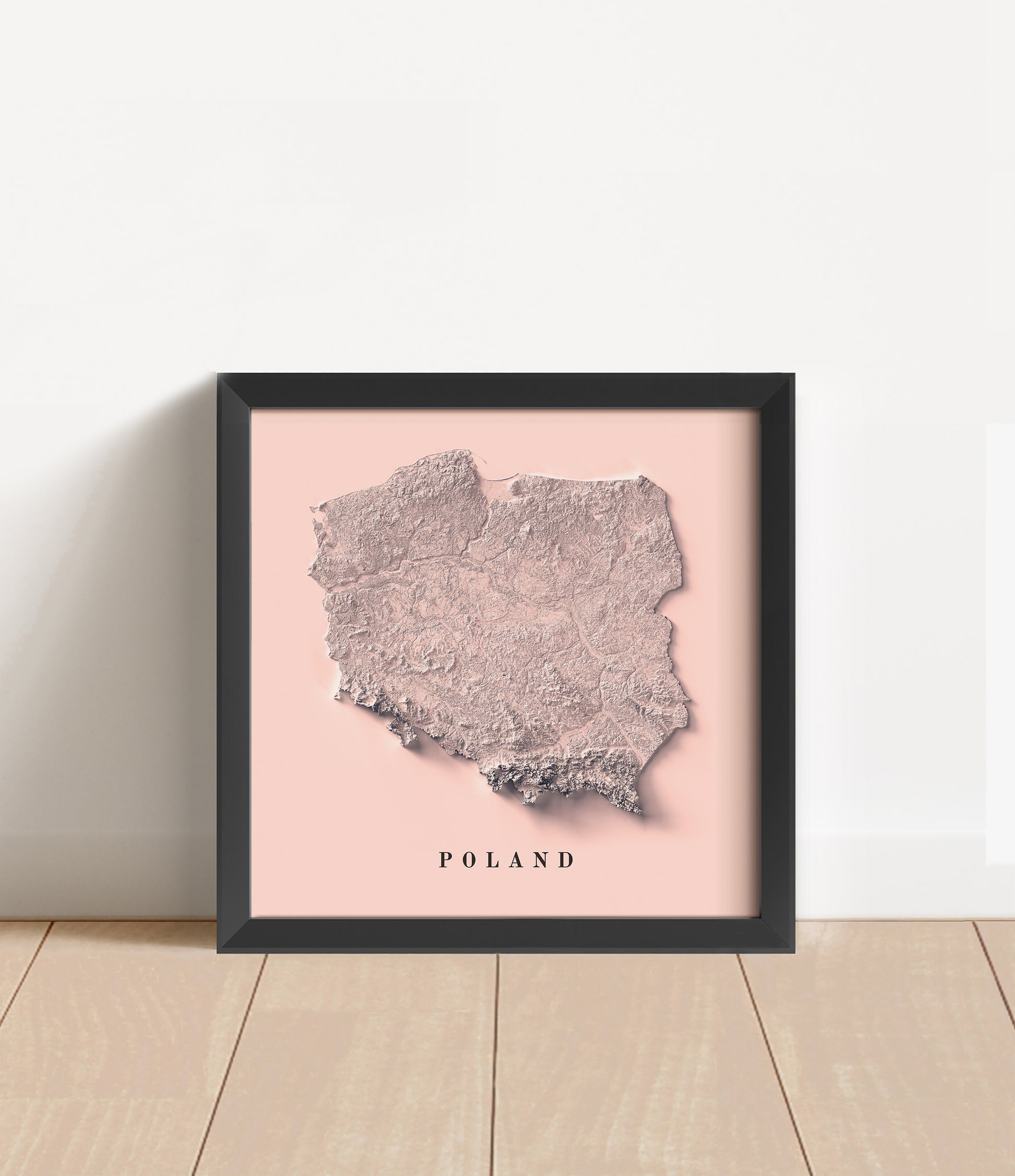 Poland shaded relief map in black frame. Artistic print with realistic terrain effect for wall decor