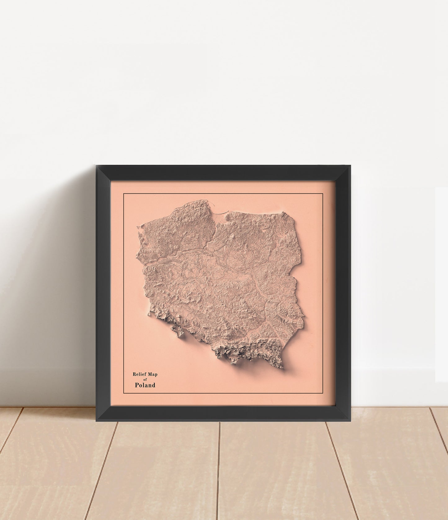 Vintage Poland shaded relief map in black frame. Artistic print with realistic terrain effect for wall decor