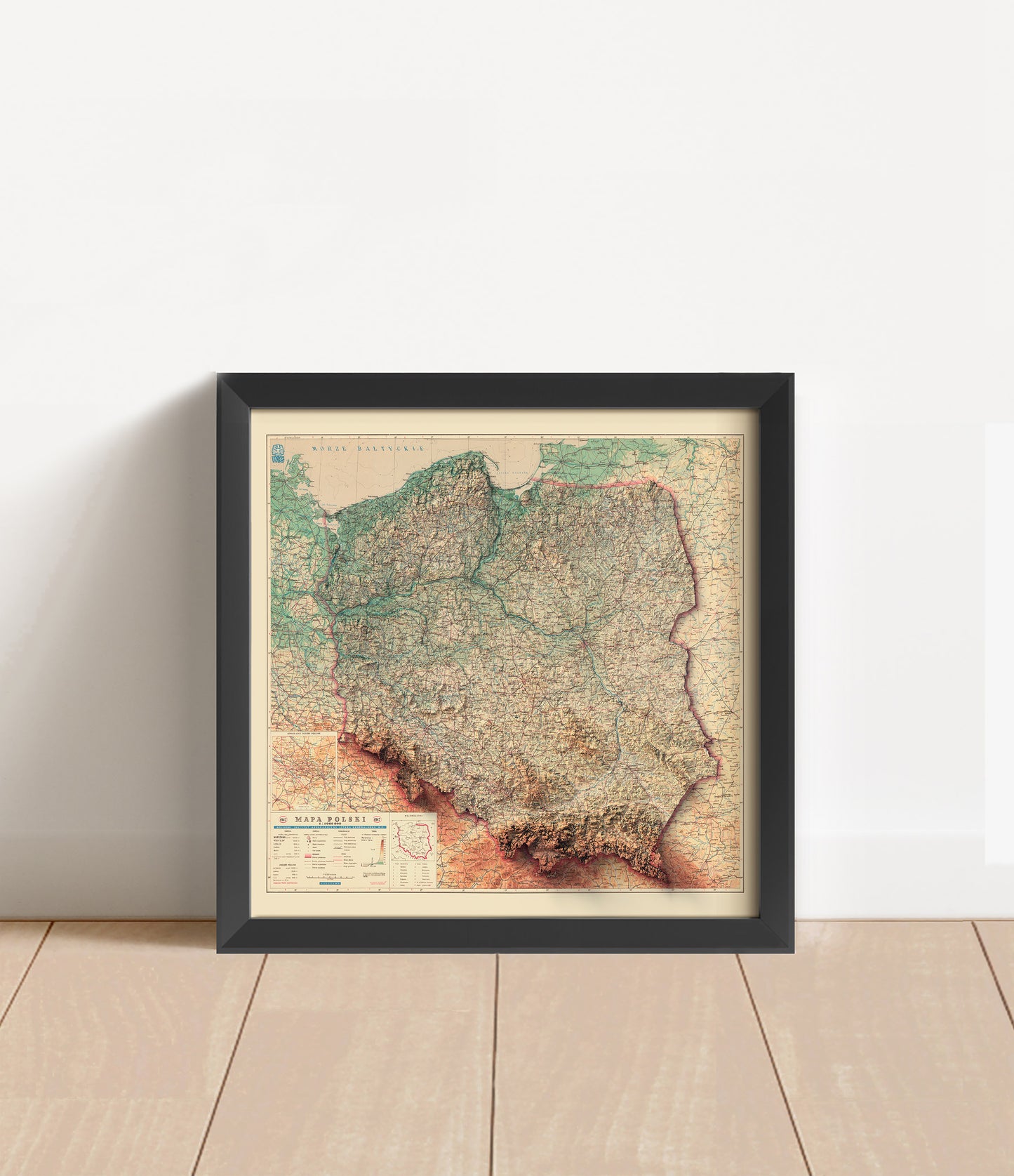 Vintage Poland shaded relief map in black frame. Artistic print with realistic terrain effect for wall decor