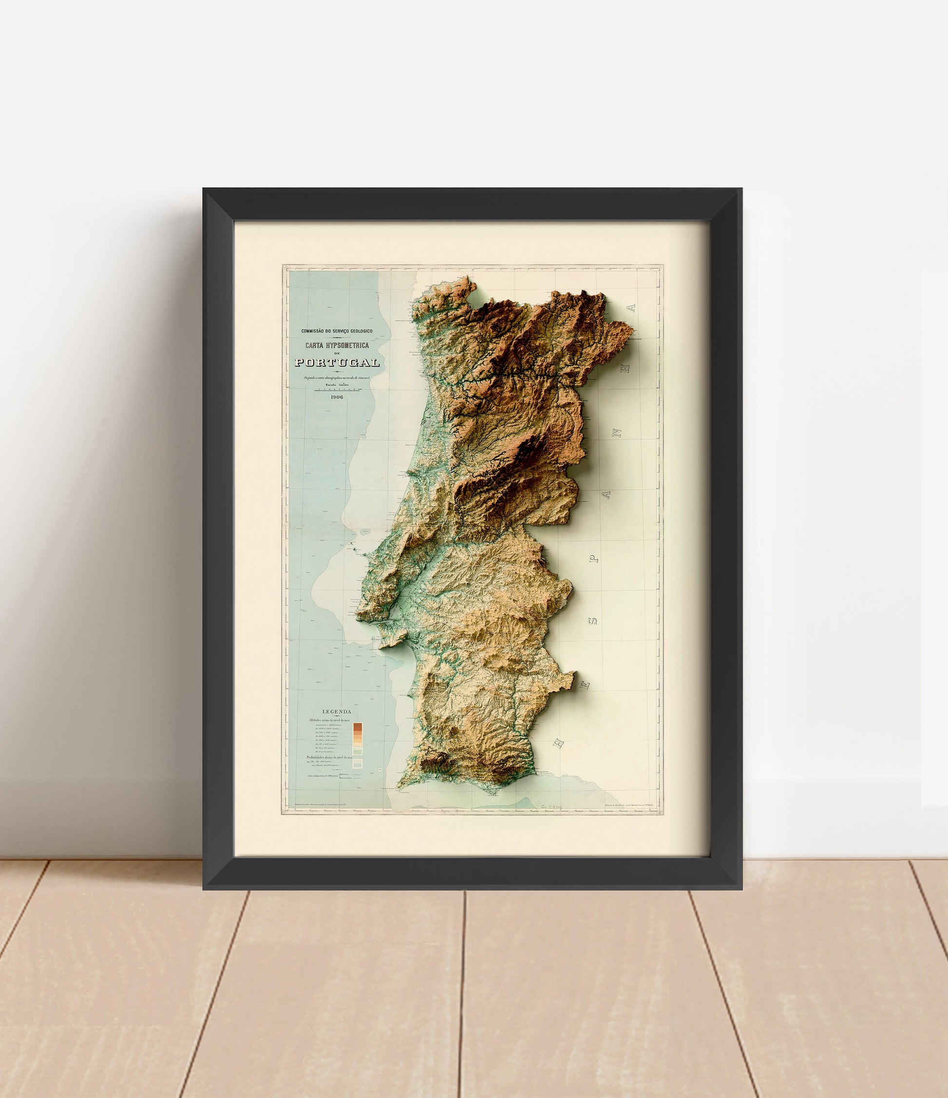 Vintage Portugal shaded relief map in black frame. Artistic print with realistic terrain effect for wall decor