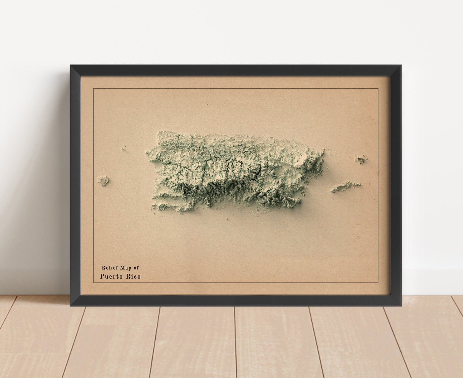 Vintage Puerto Rico shaded relief map in black frame. Artistic print with realistic terrain effect for wall decor