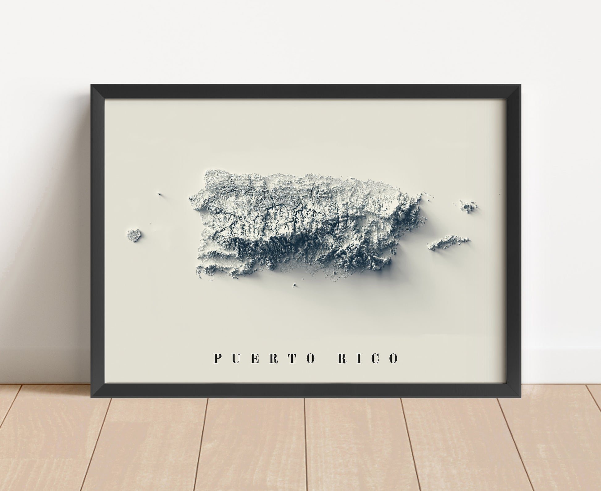 Puerto Rico shaded relief map in black frame. Artistic print with realistic terrain effect for wall decor