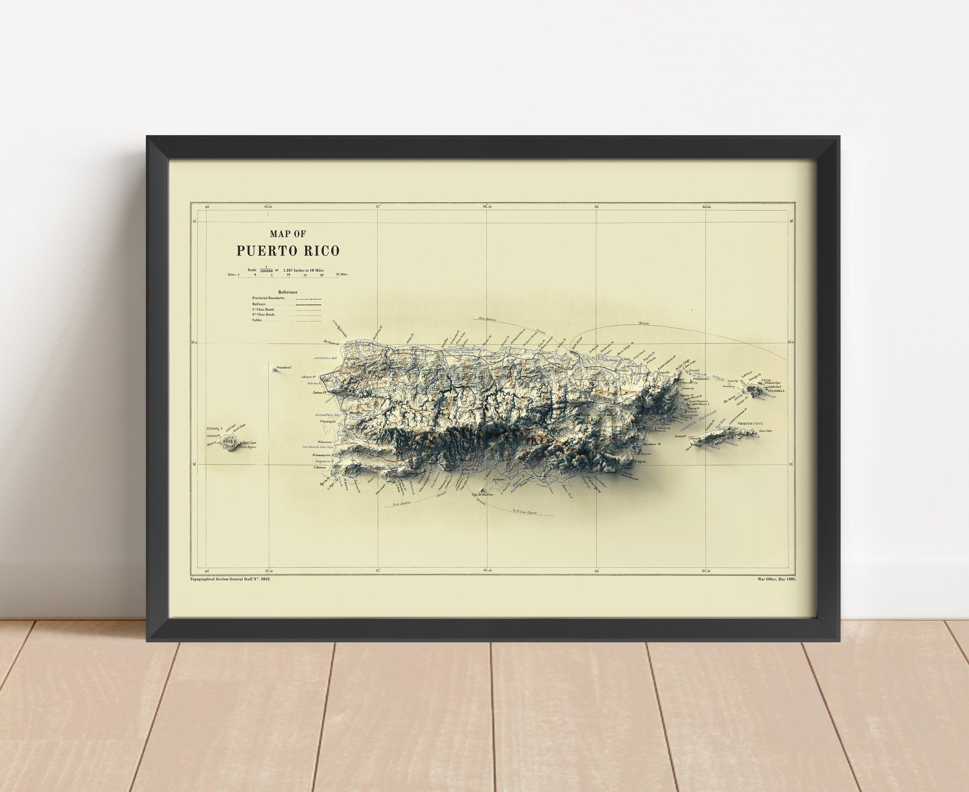 Vintage Puerto Rico shaded relief map in black frame. Artistic print with realistic terrain effect for wall decor