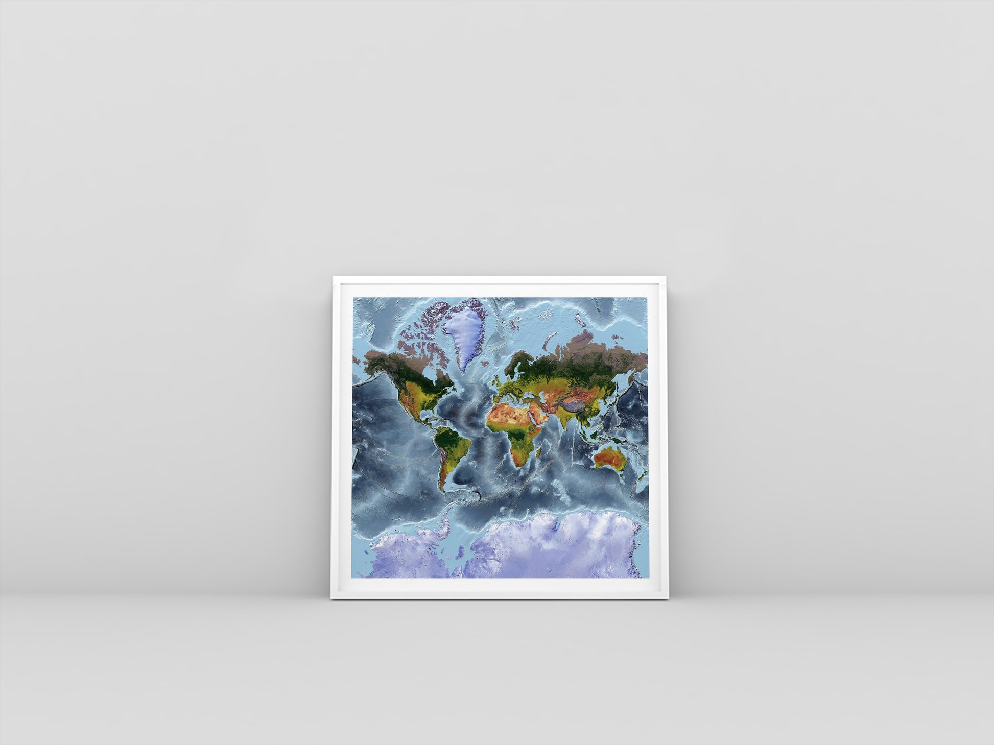 World framed shaded relief map in white frame, showing Mercator Projection. Artistic print highlighting vegetation