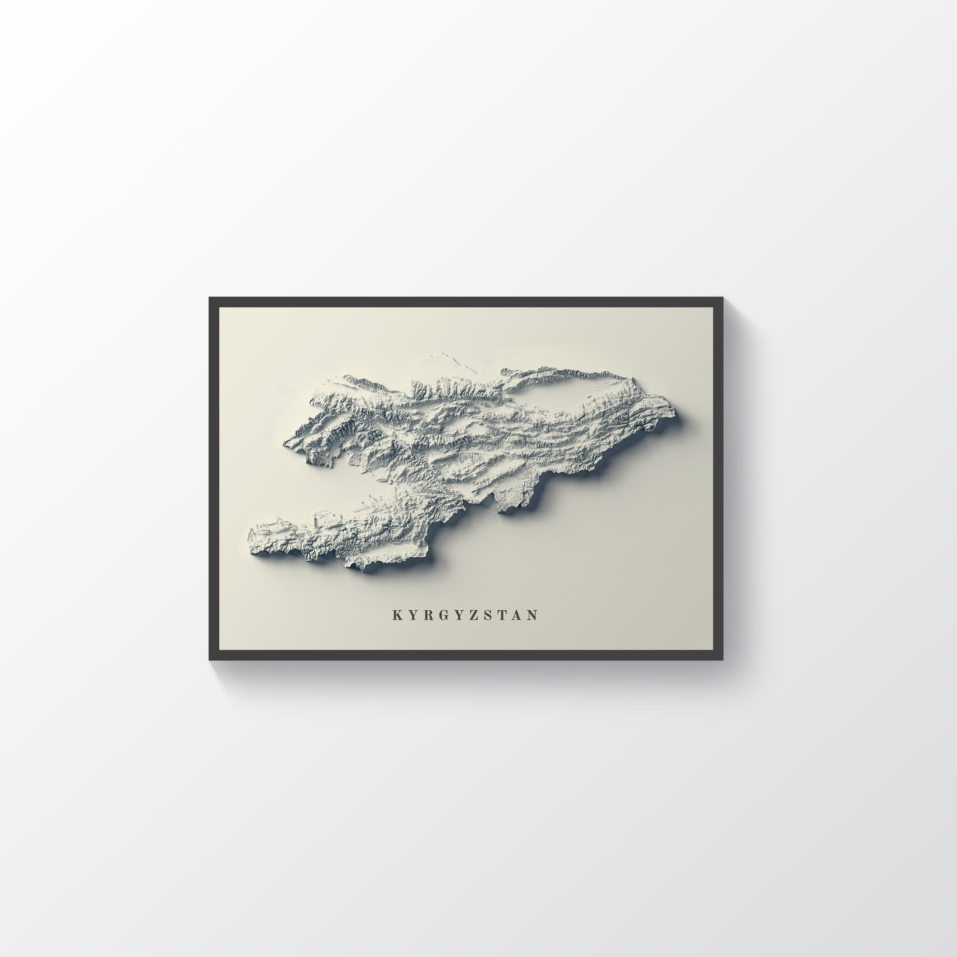 Kyrgyzstan vintage framed shaded relief map in black frame. Artistic print highlighting mountains with a realistic terrain effect