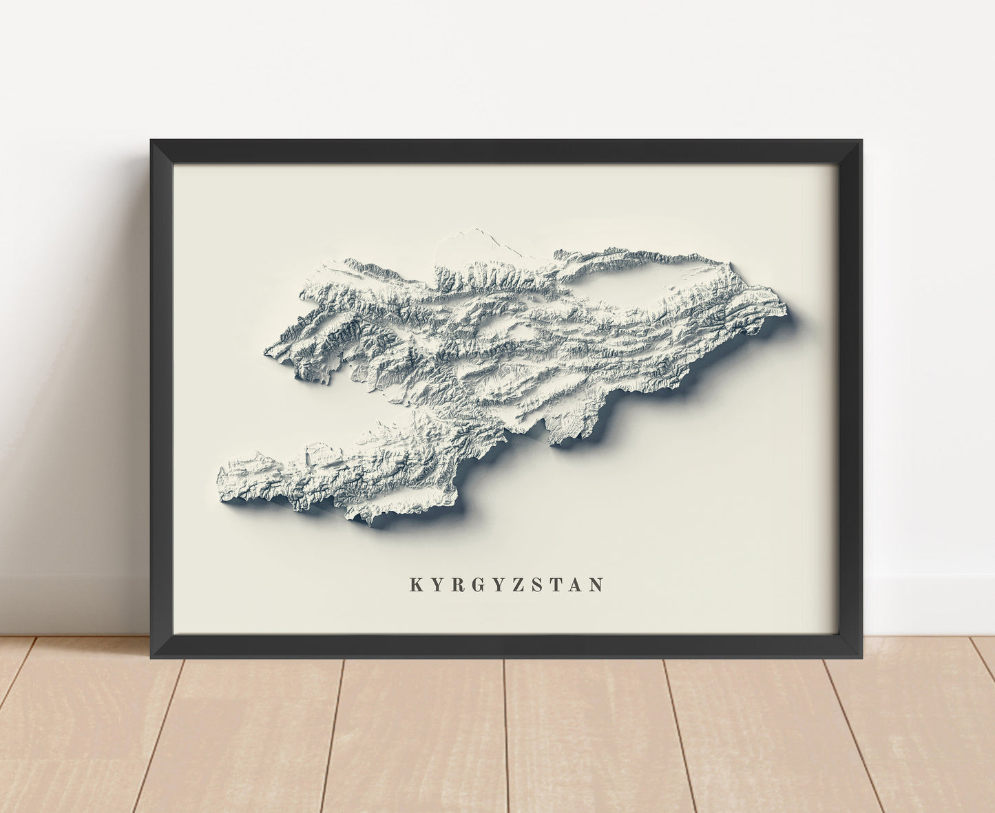 Kyrgyzstan shaded relief map in black frame. Artistic print with realistic terrain effect for wall decor